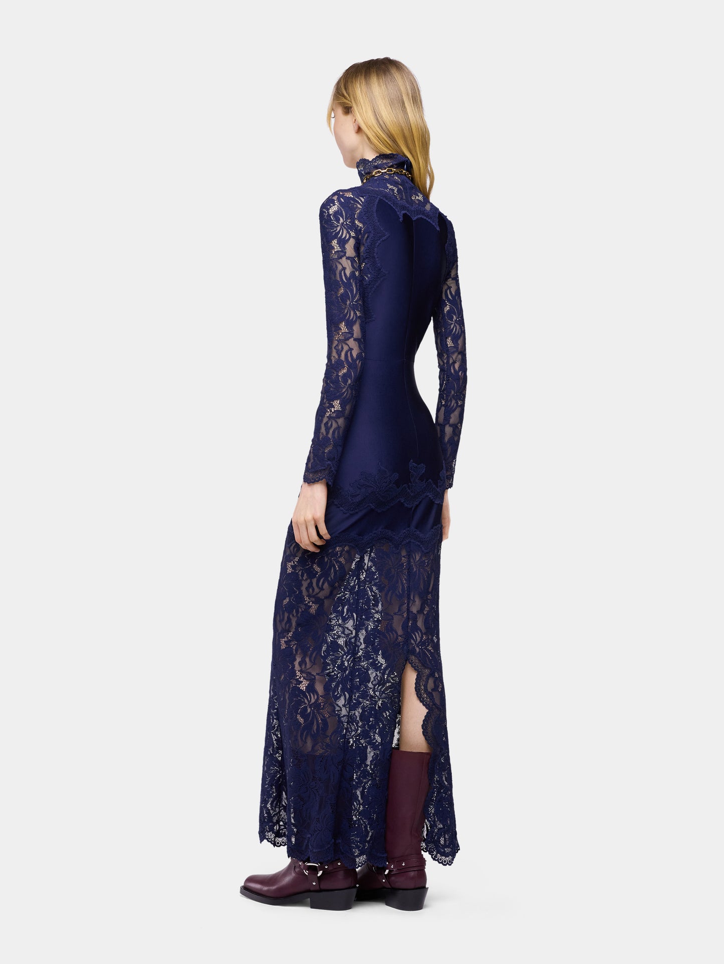 Navy long dress in lace and jersey