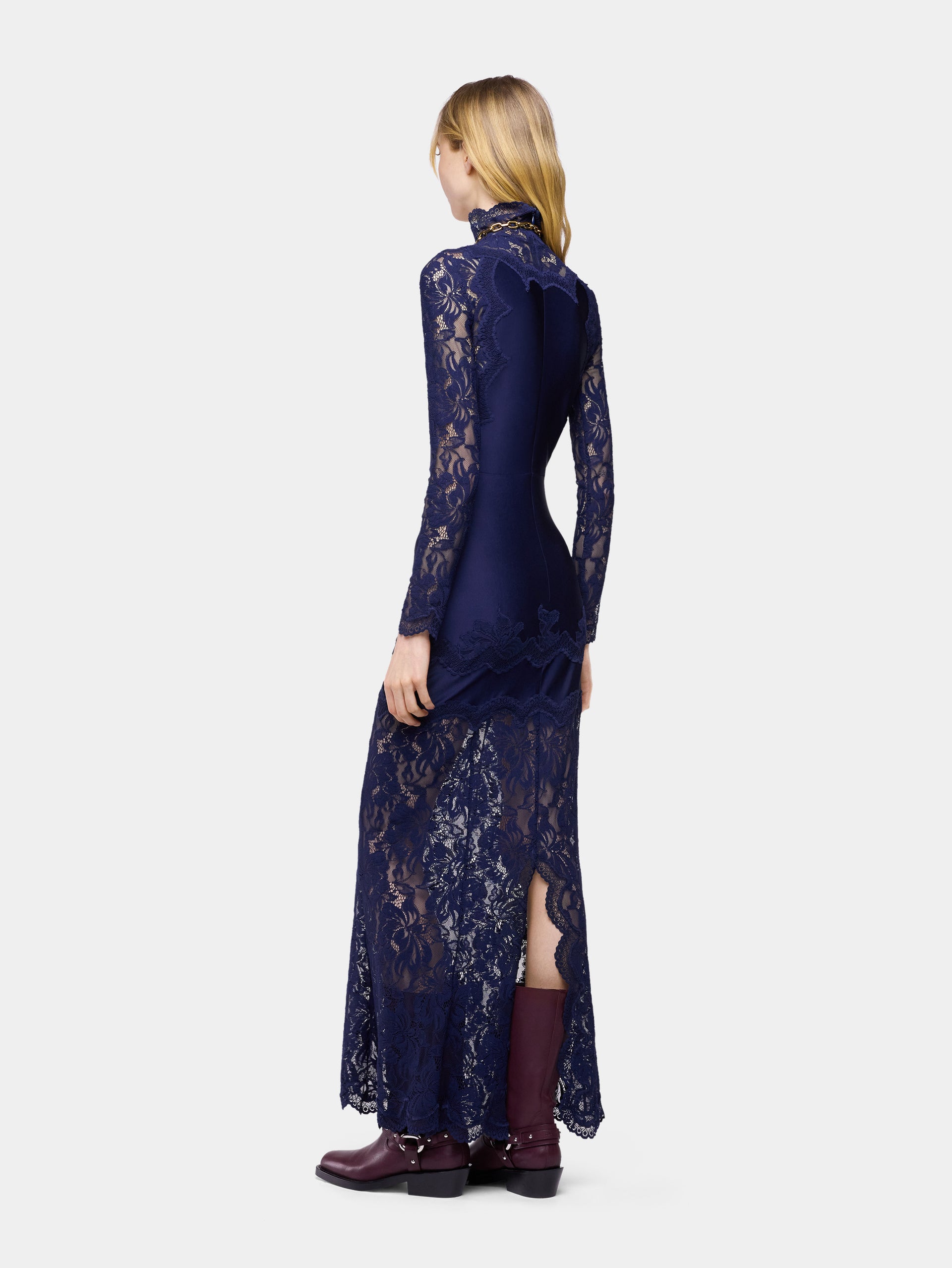 Navy long dress in lace and jersey