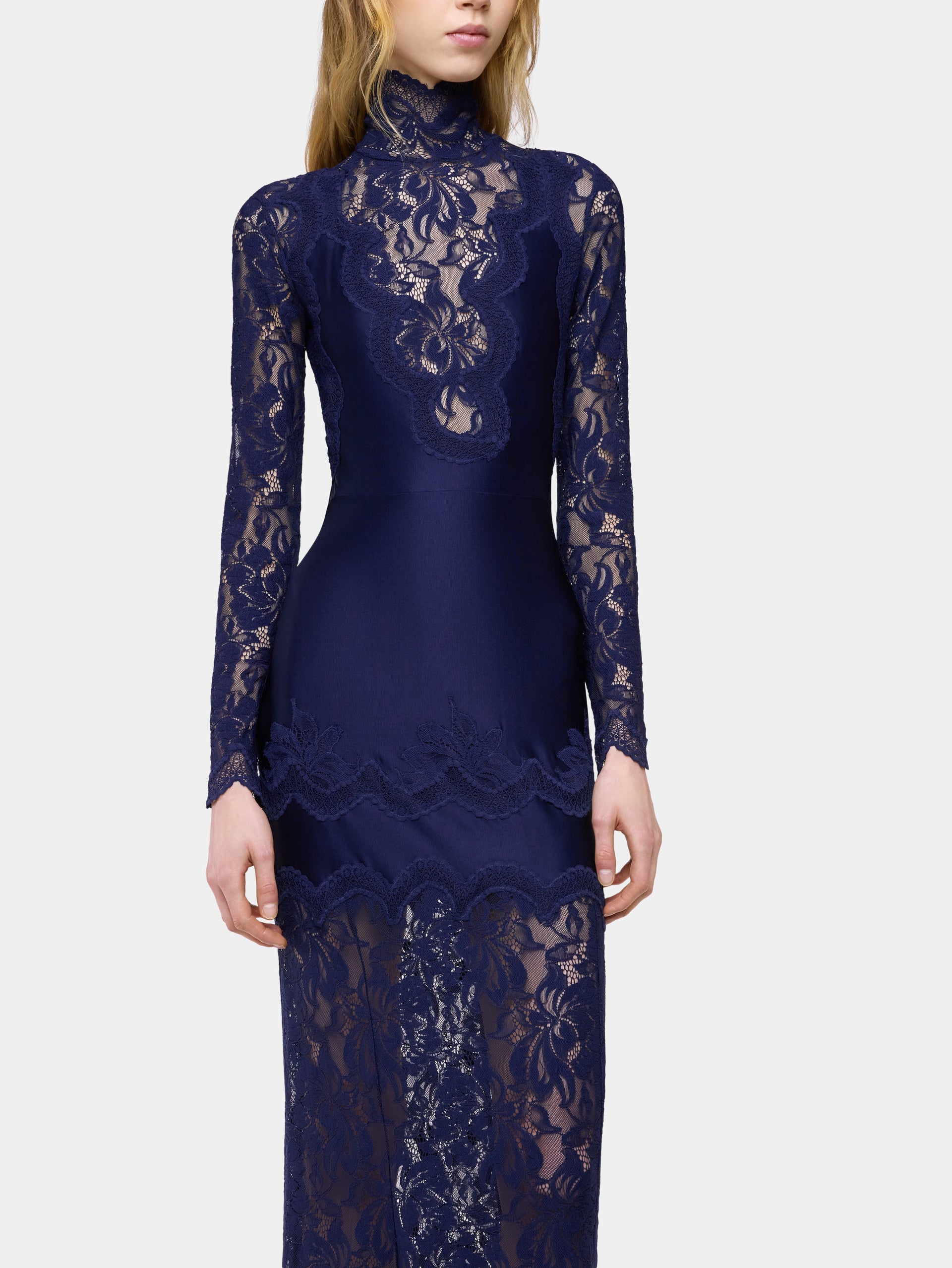 Navy long dress in lace and jersey