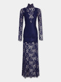 Navy long dress in lace and jersey