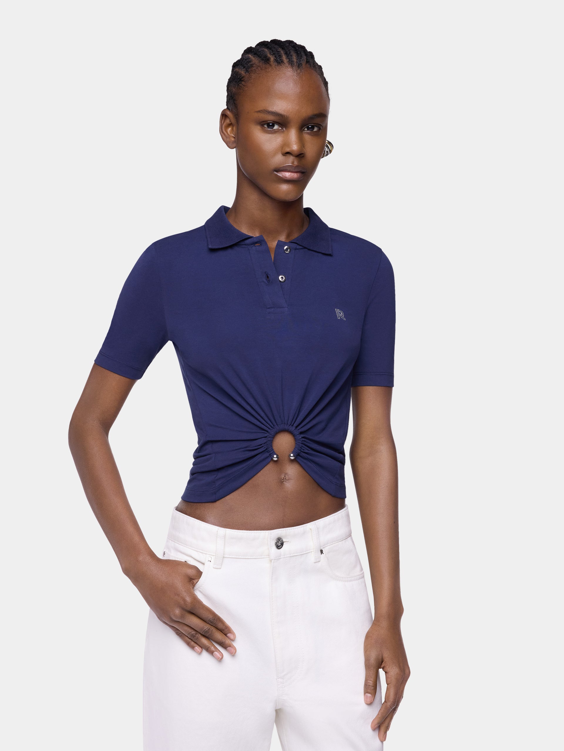 Top piercing bleu marine en jersey de coton 