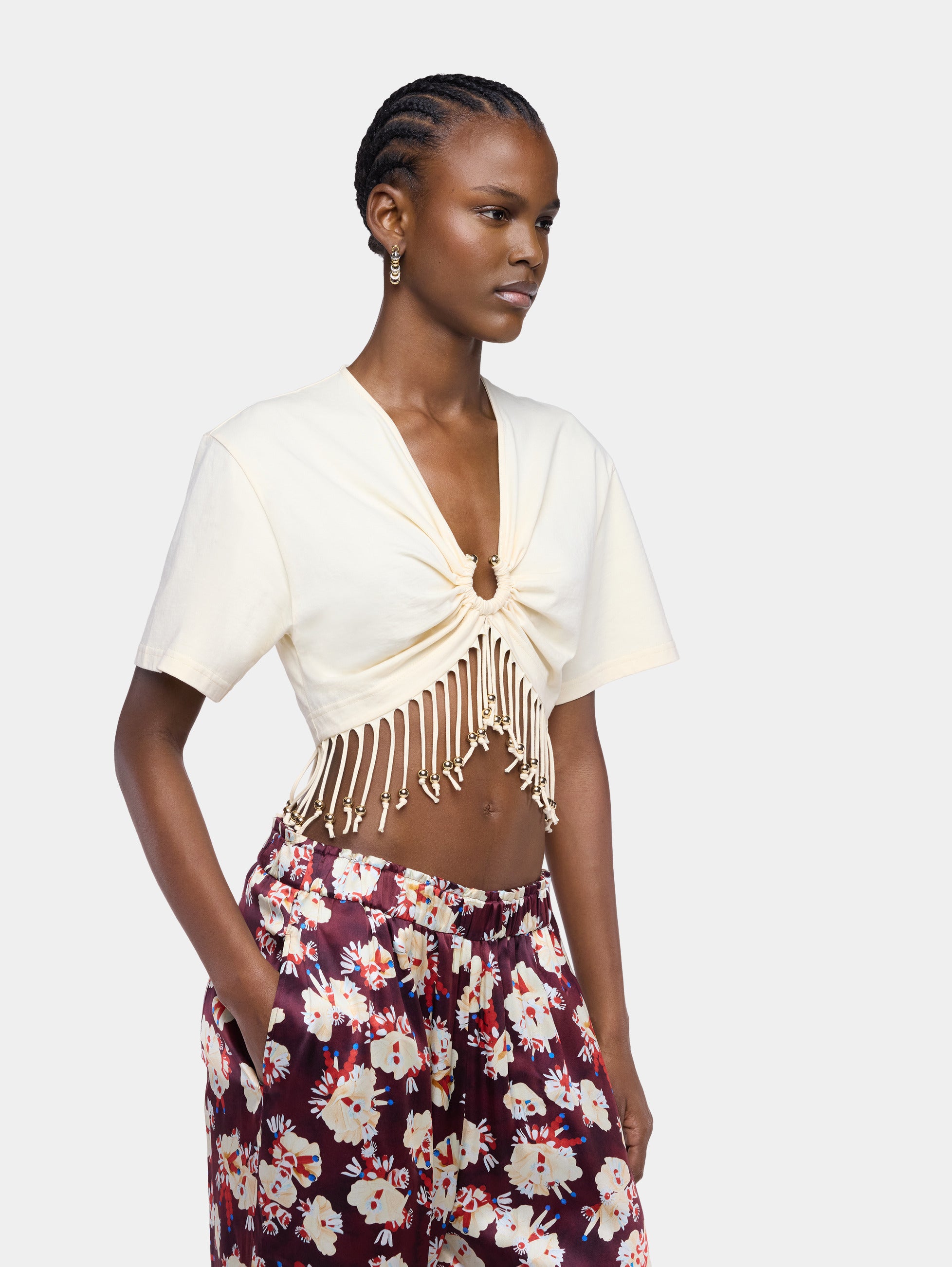 Cream cotton crop top with beaded fringe details – Rabanne