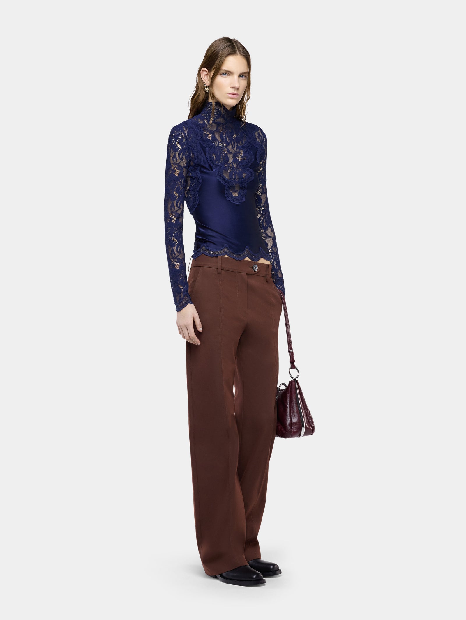 Navy long-sleeve top in lace and jersey - Image 2