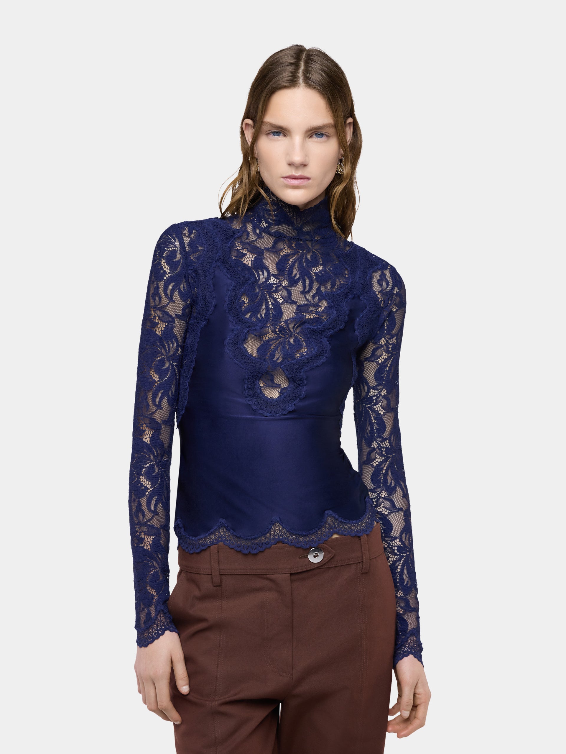 Navy long-sleeve top in lace and jersey