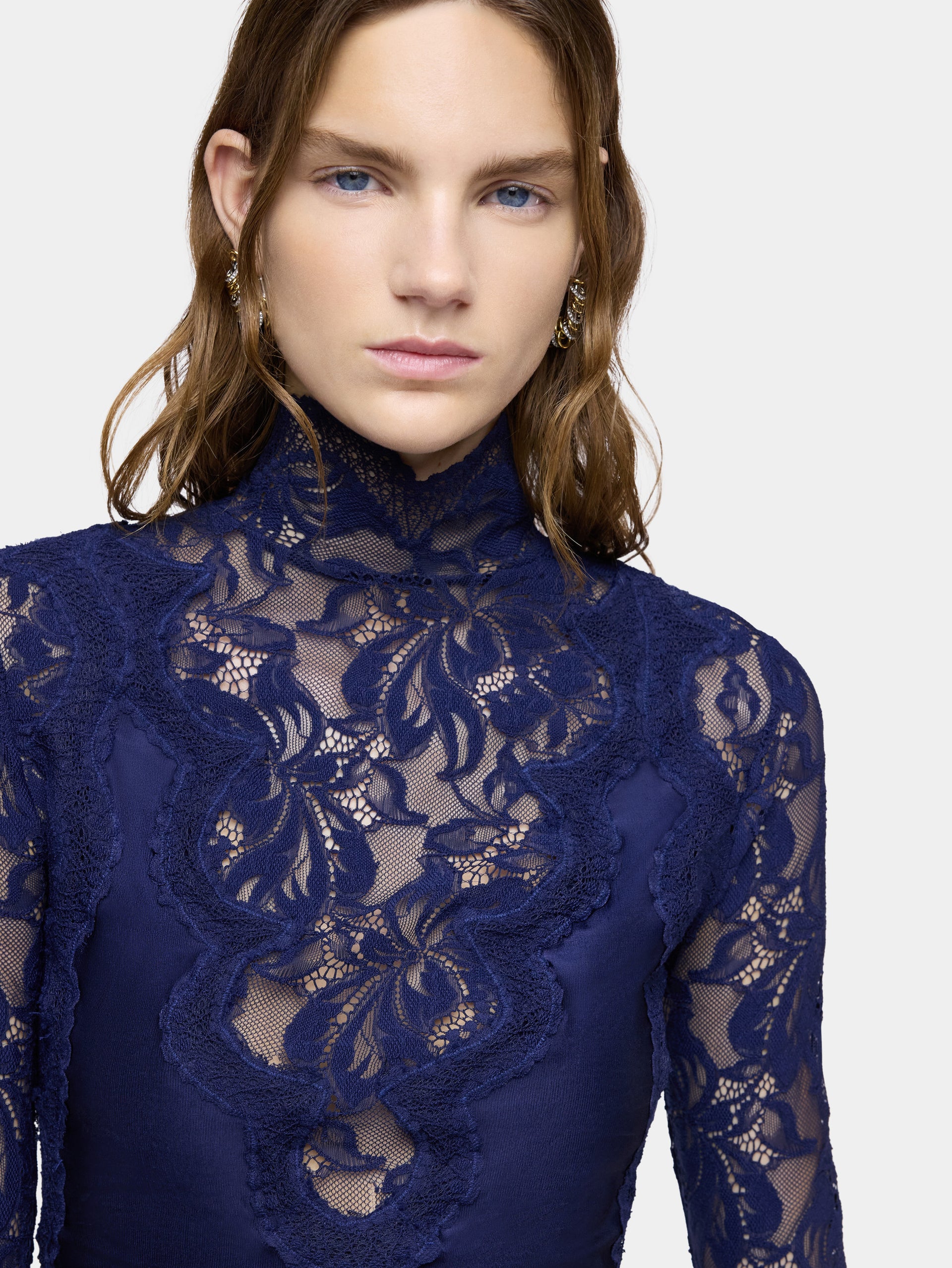 Navy long-sleeve top in lace and jersey