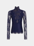 Navy long-sleeve top in lace and jersey