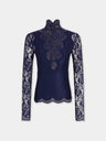 Navy long-sleeve top in lace and jersey