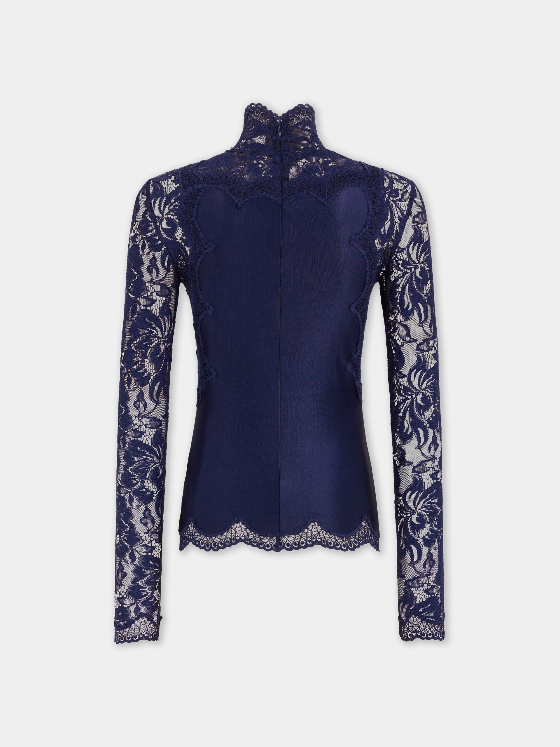 Navy long-sleeve top in lace and jersey