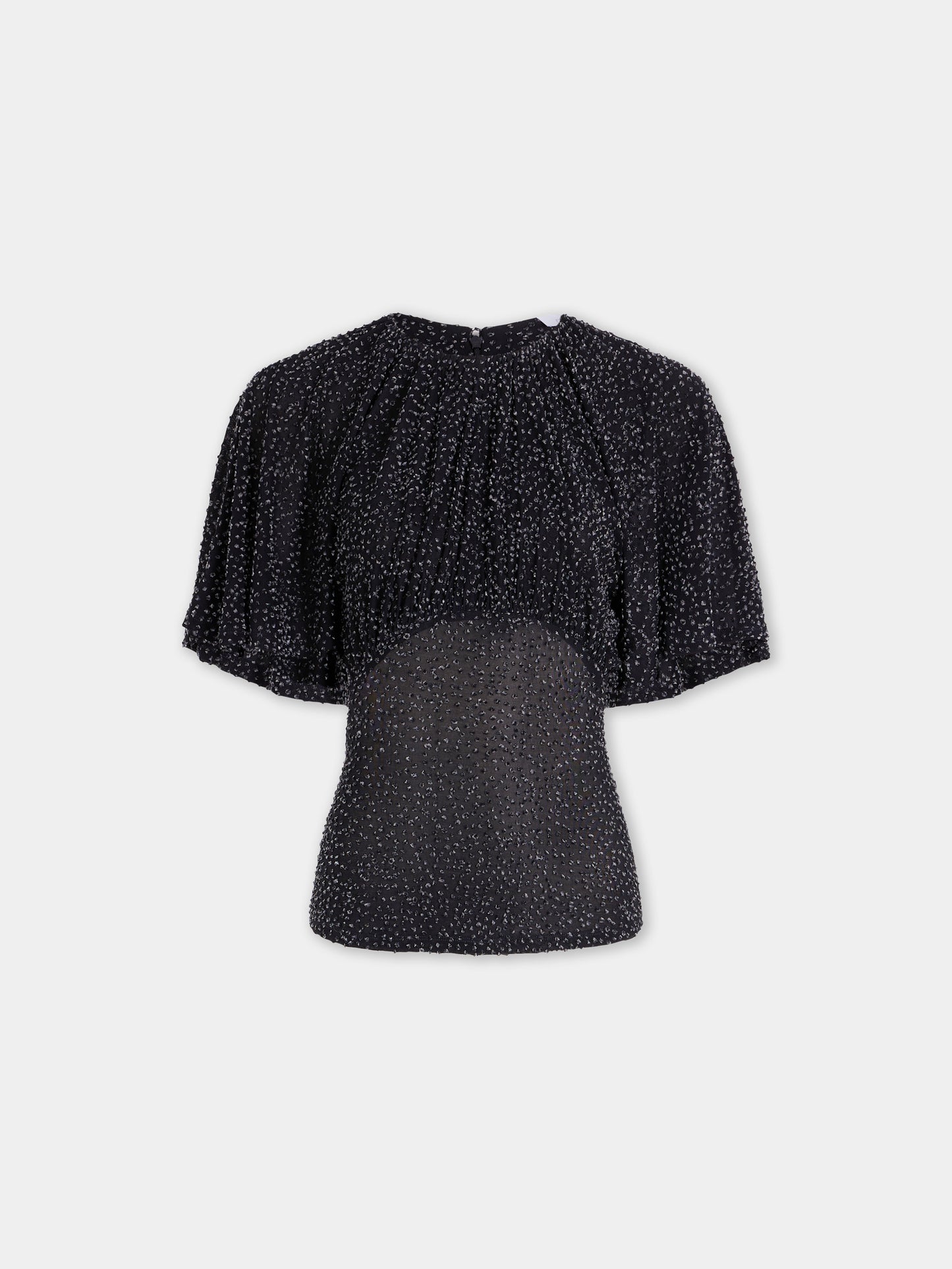 Textured asymmetrical black top with ruched details
