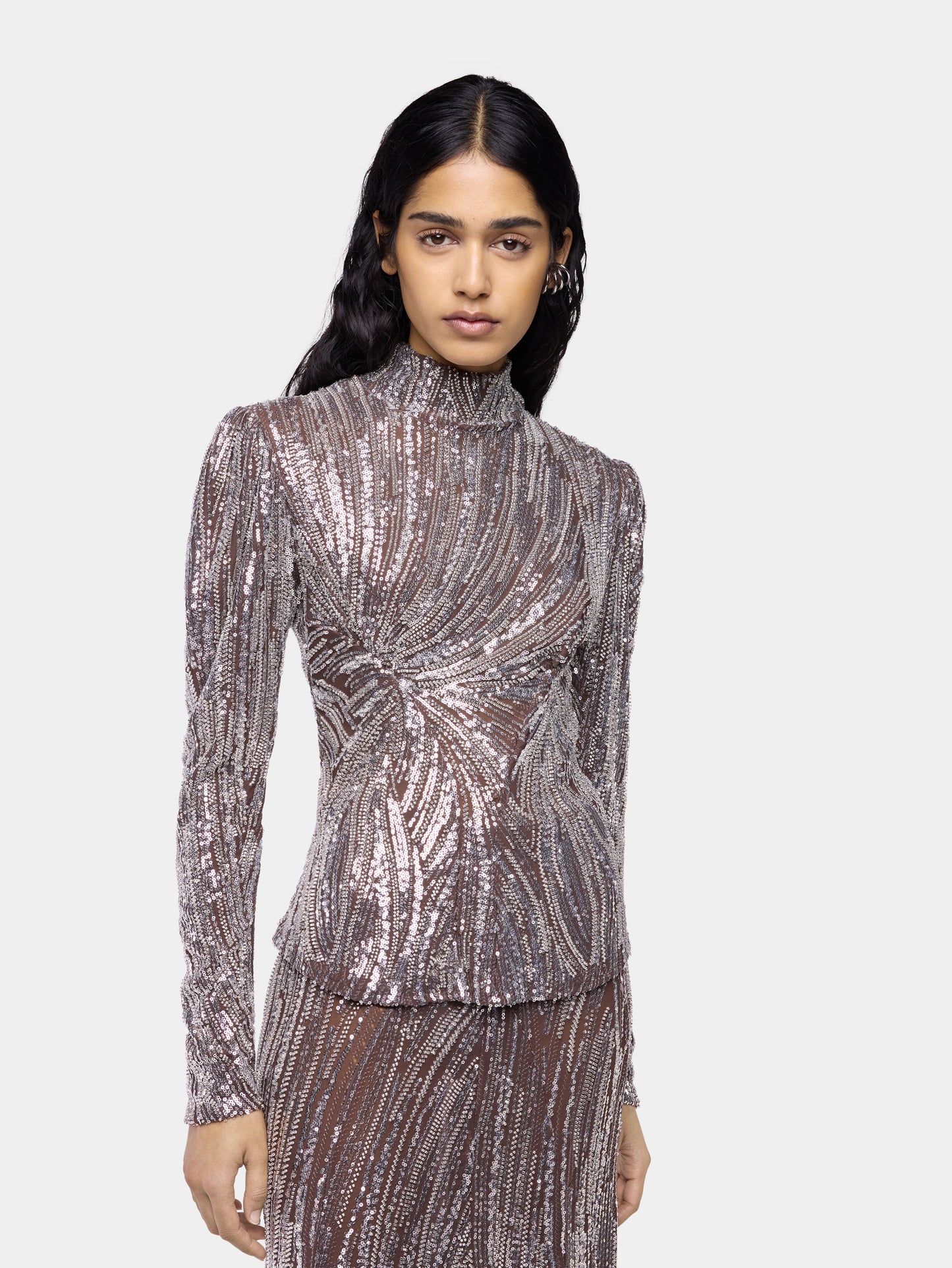 Long-sleeve top with silver embroidery details