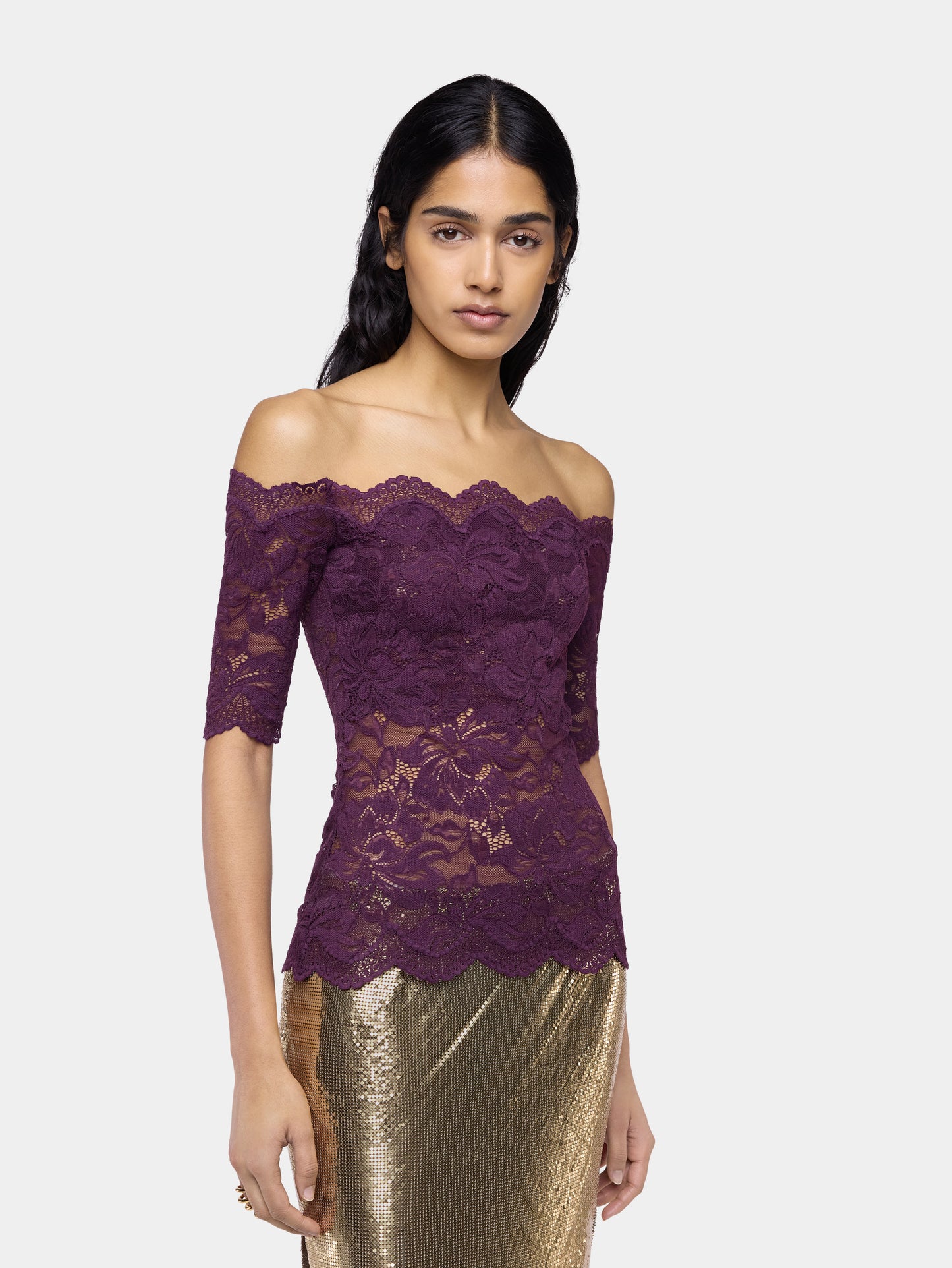 Short-sleeve top in magenta layered lace