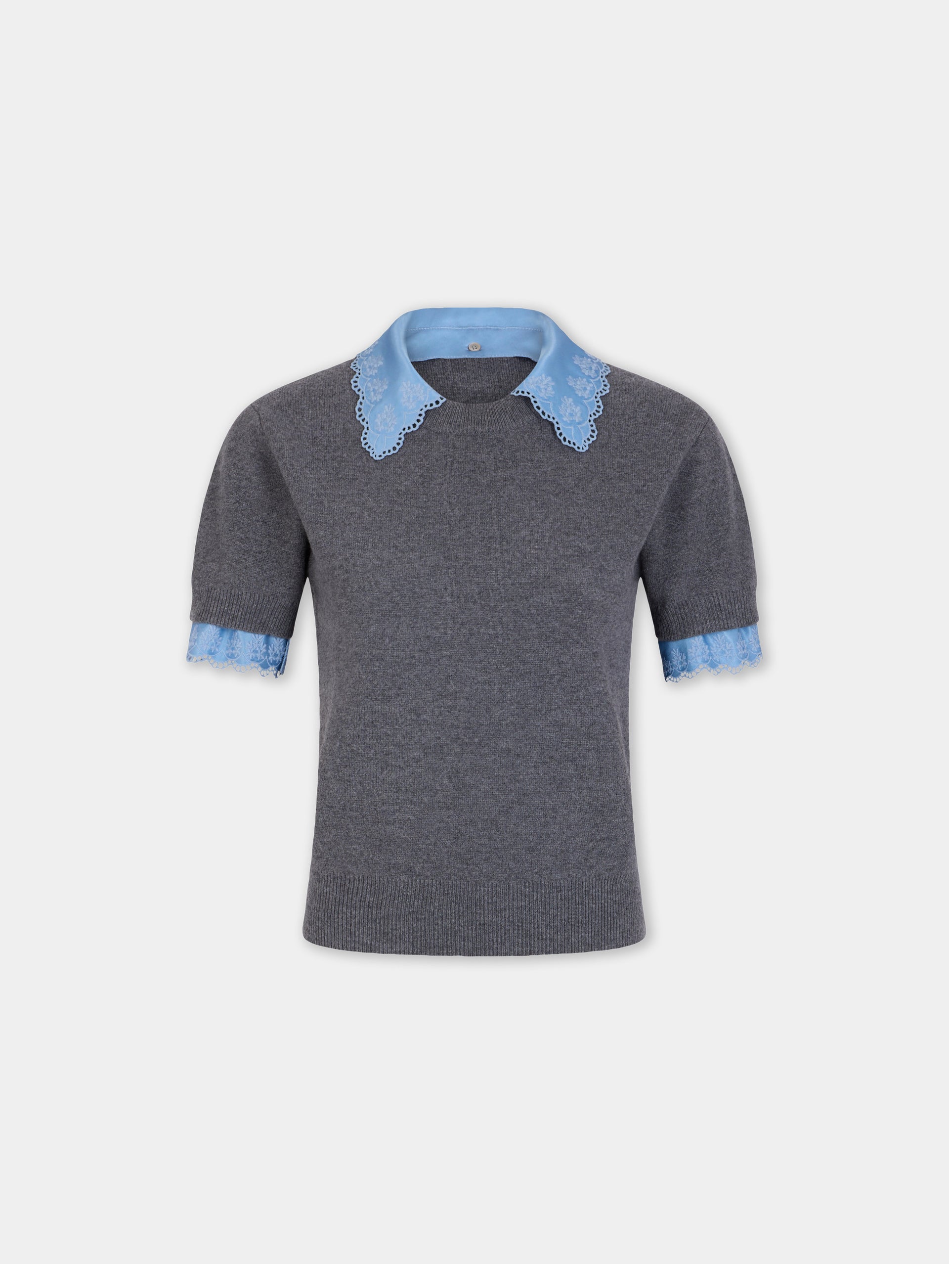 Grey wool and cashmere short-sleeve sweater
