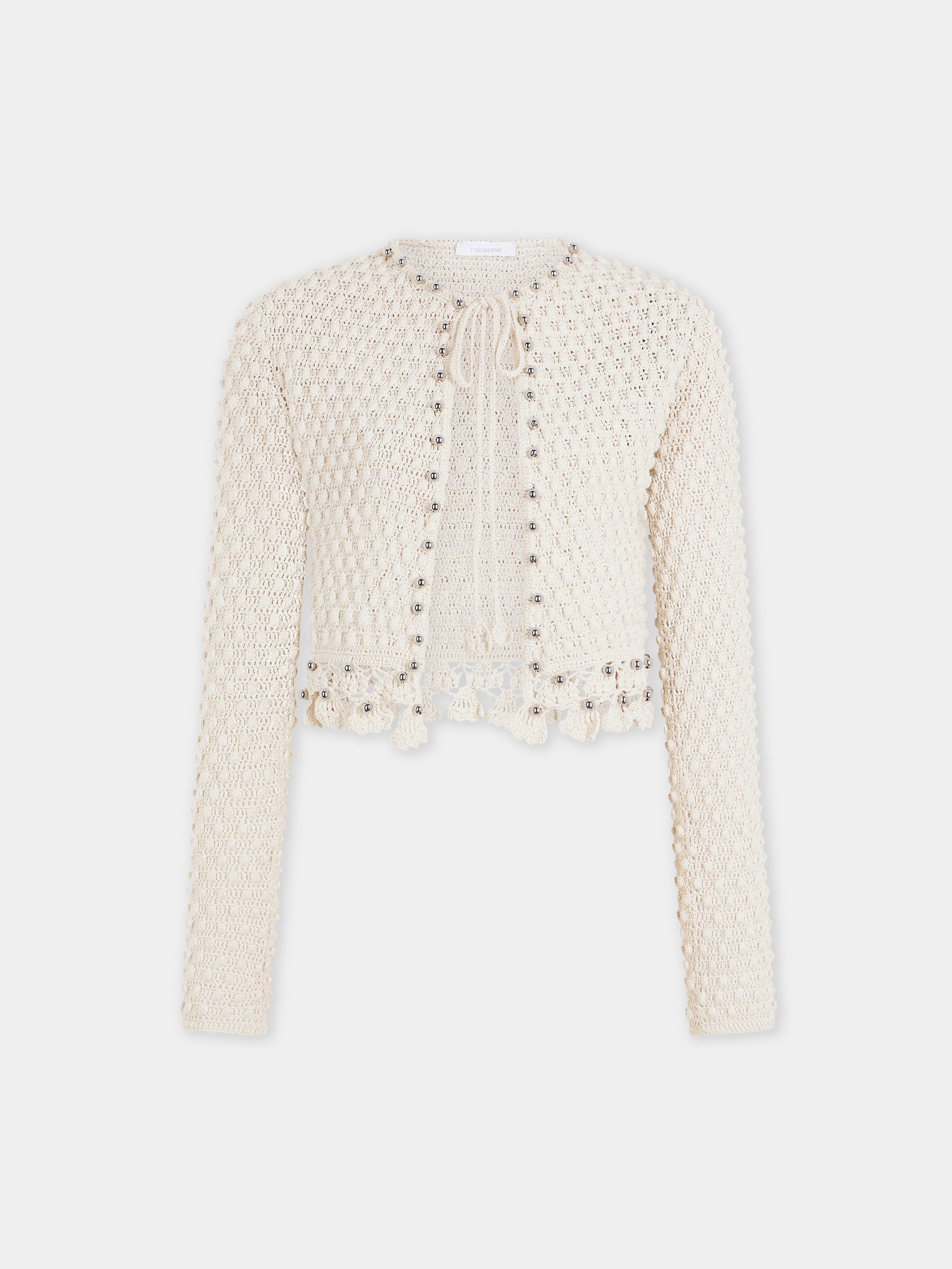 Cardigan à manches longues fait main en crochet écru 