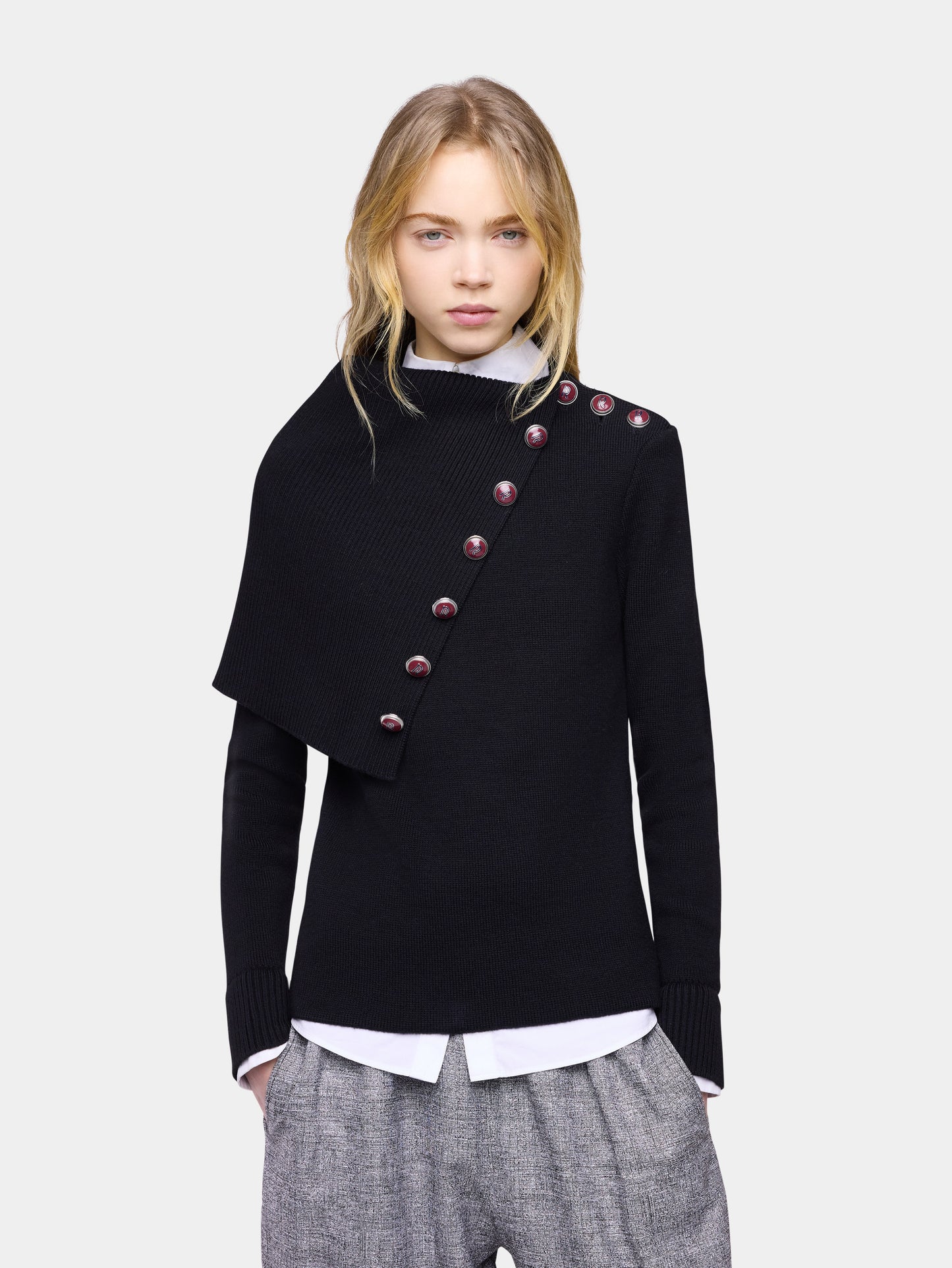 Black wool long-sleeve jumper with jewel buttons