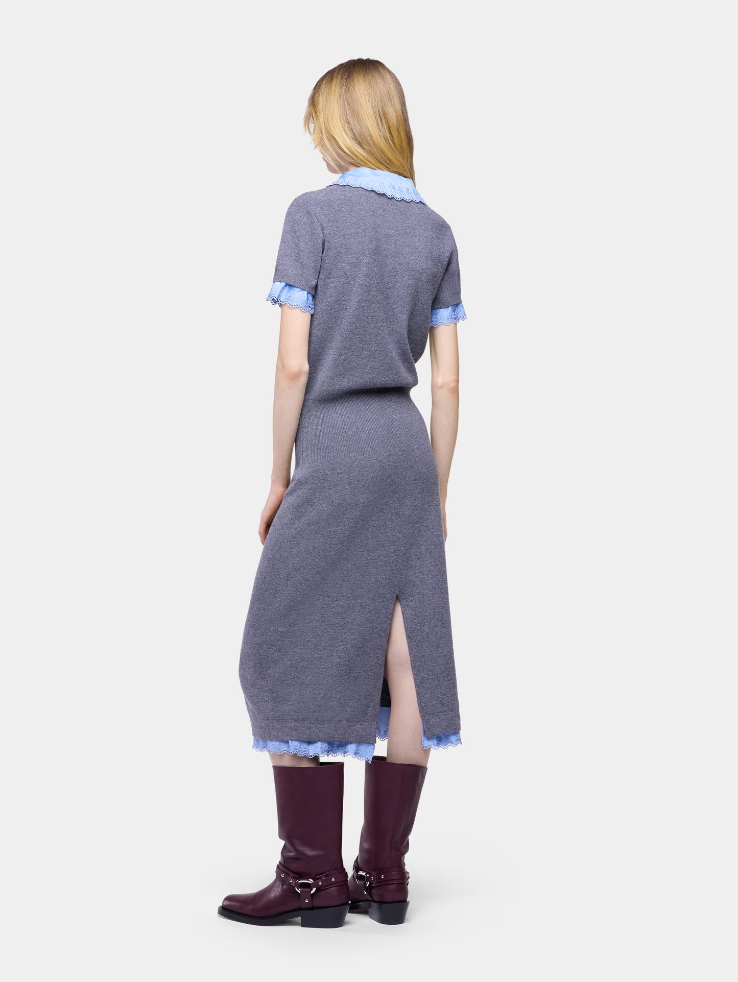 Robe midi à manches courtes en laine et cachemire gris 