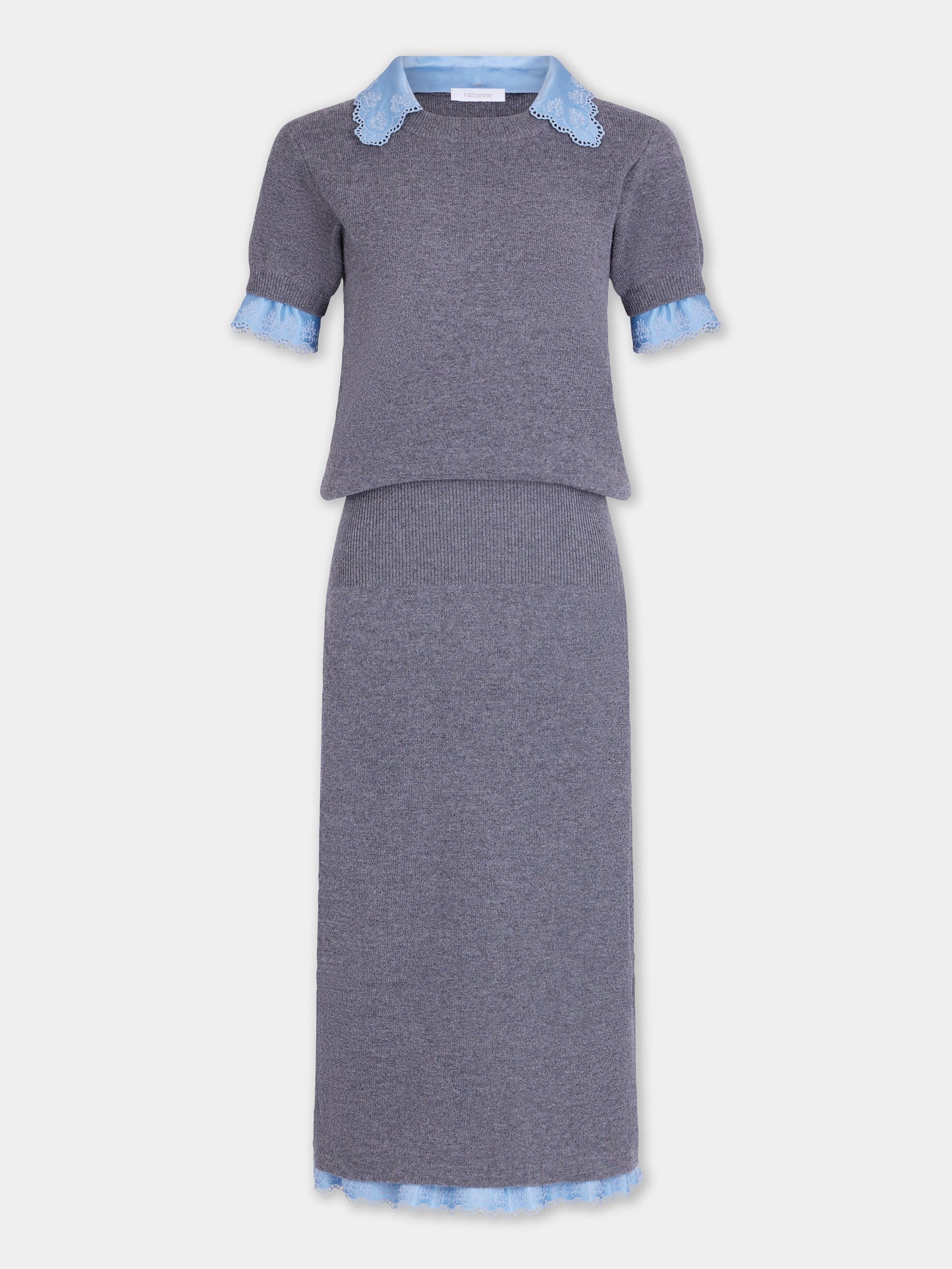 Robe midi à manches courtes en laine et cachemire gris 