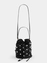 Small bucket bag in black raffia with silver pearls details
