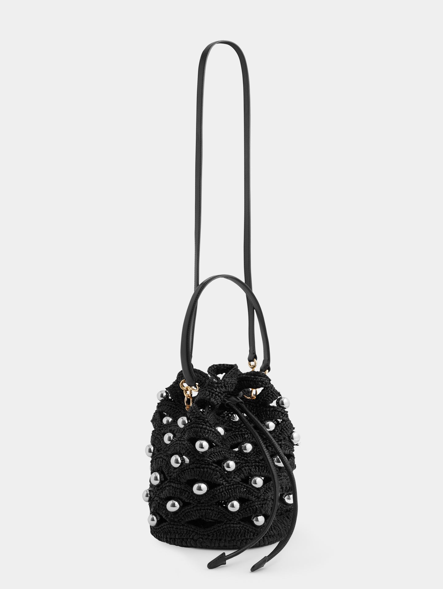 Small bucket bag in black raffia with silver pearls details