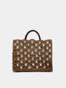 Large tote bag in dark brown natural raffia with silver signature 1969 discs