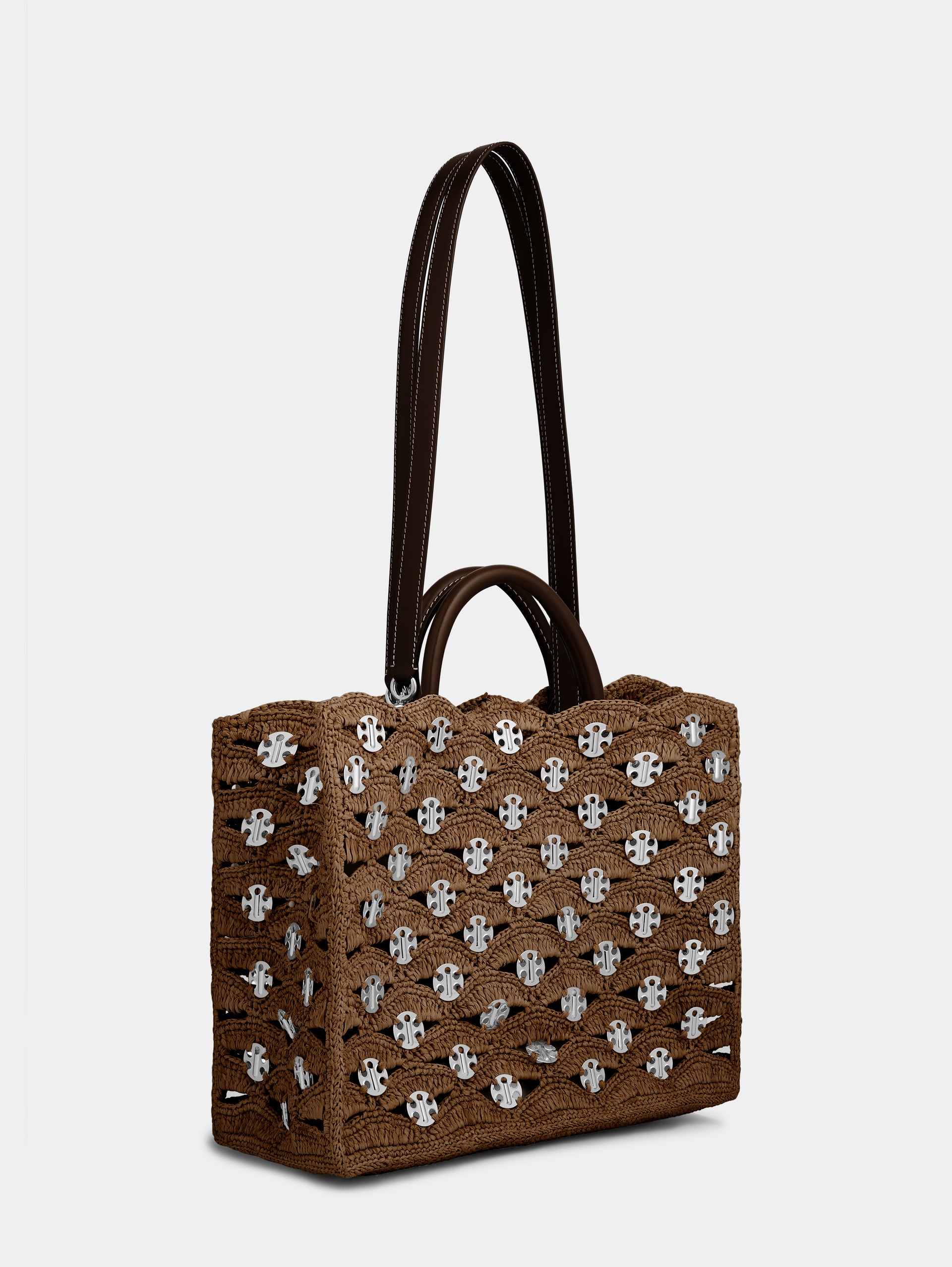 Grand sac tote en raphia naturel brun foncé avec disques 1969 argentés signature 