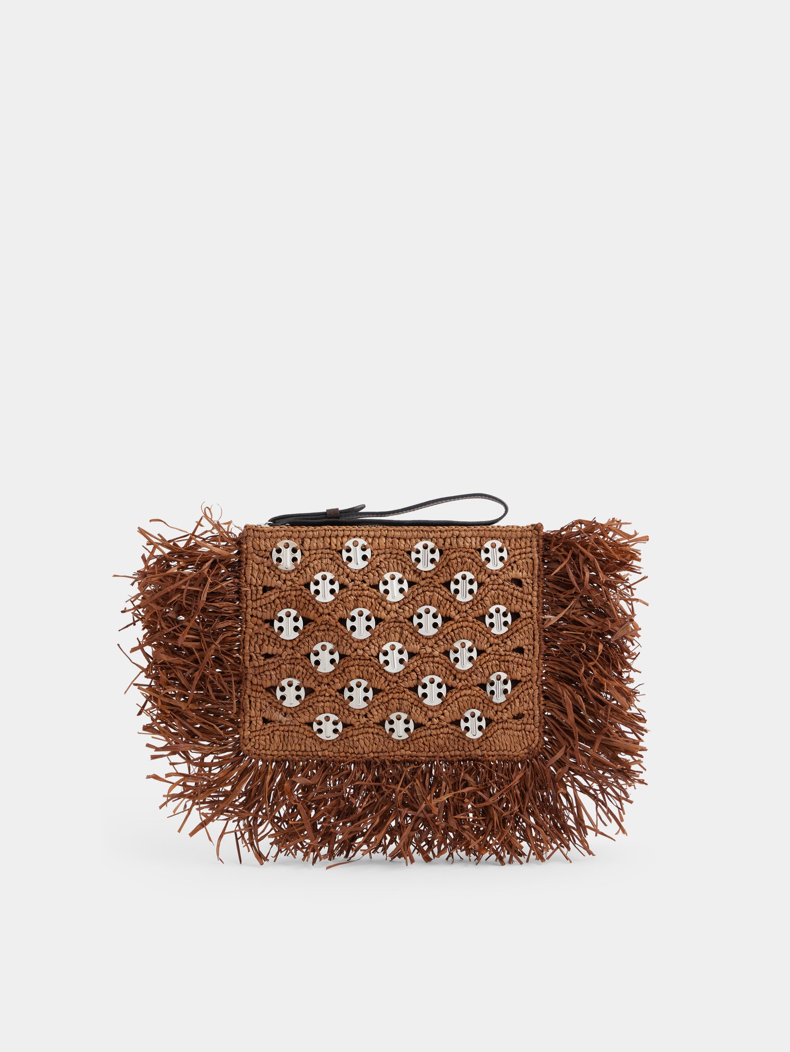 Pouch in dark brown raffia with frills details and silver signature 1969 discs - Image 1