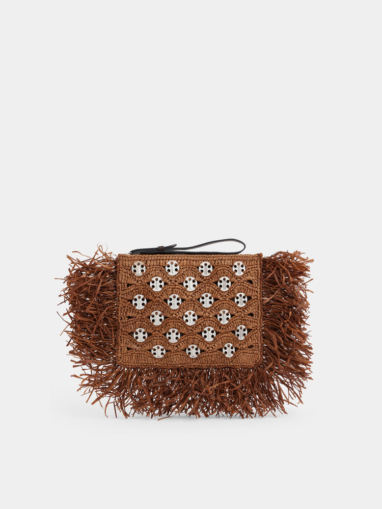 Pouch in dark brown raffia with frills details and silver signature 1969 discs