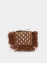 Pouch in dark brown raffia with frills details and silver signature 1969 discs