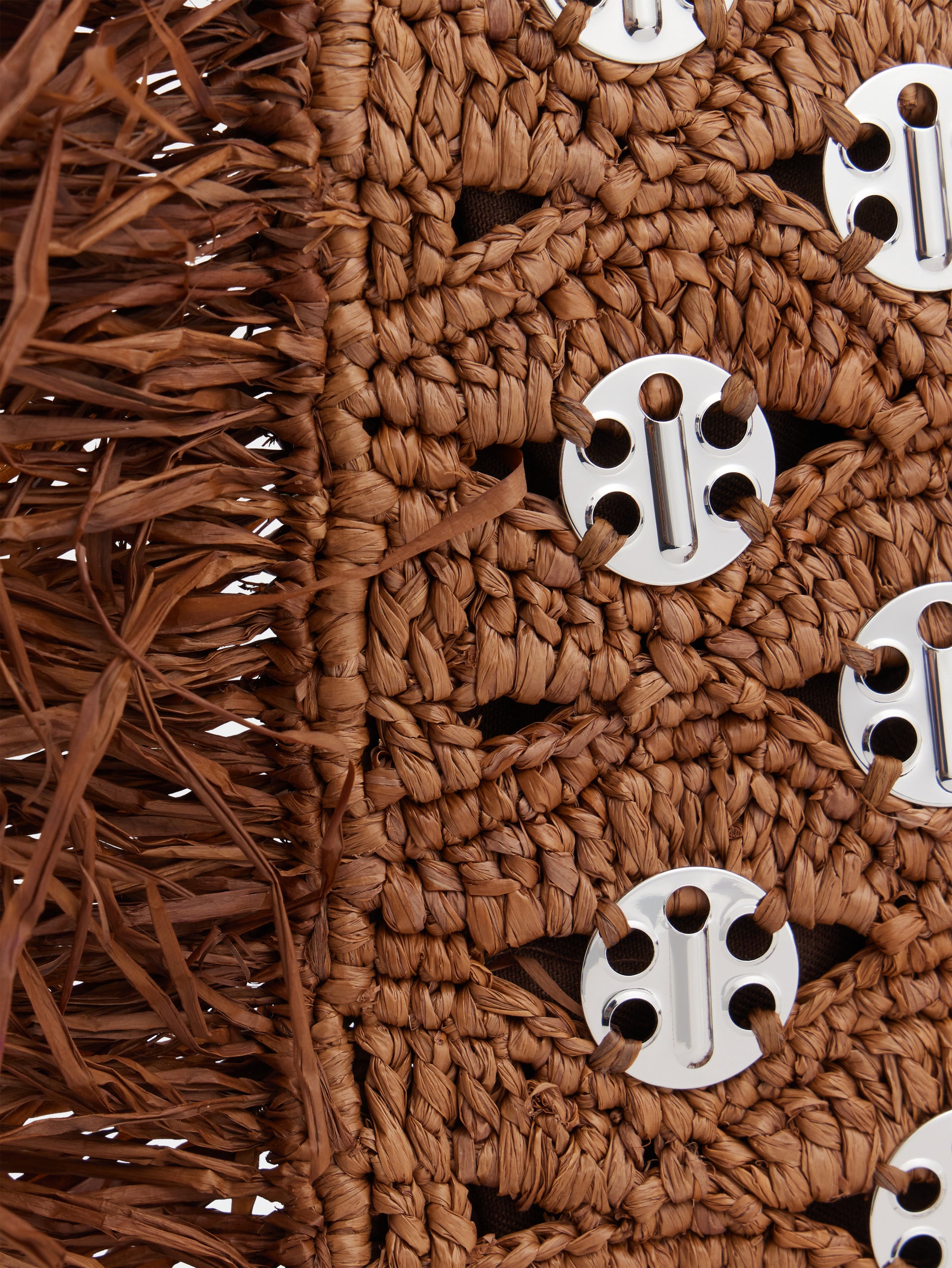 Pouch in dark brown raffia with frills details and silver signature 1969 discs
