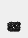 Pouch in black raffia with silver pearls details