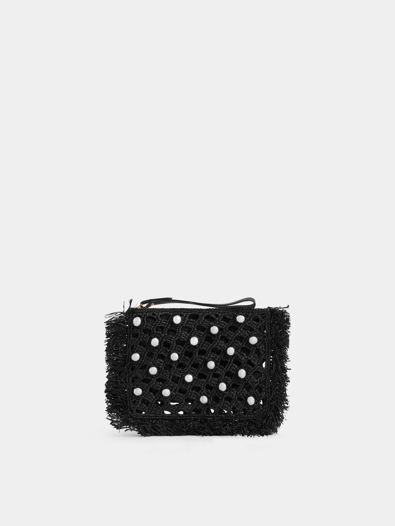 Pouch in black raffia with silver pearls details - Image 1