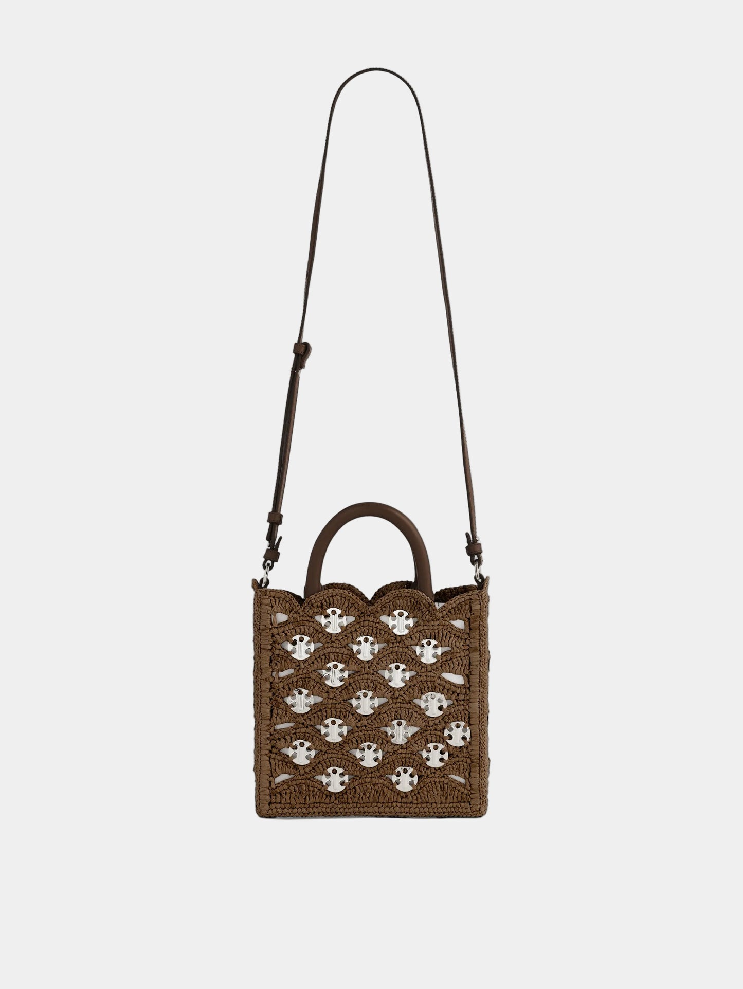 Small tote bag in dark brown natural raffia with silver signature 1969 discs