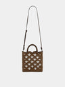 Small tote bag in dark brown natural raffia with silver signature 1969 discs
