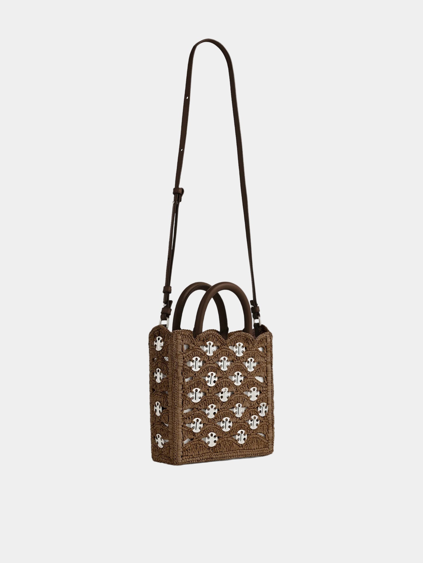 Small tote bag in dark brown natural raffia with silver signature 1969 discs