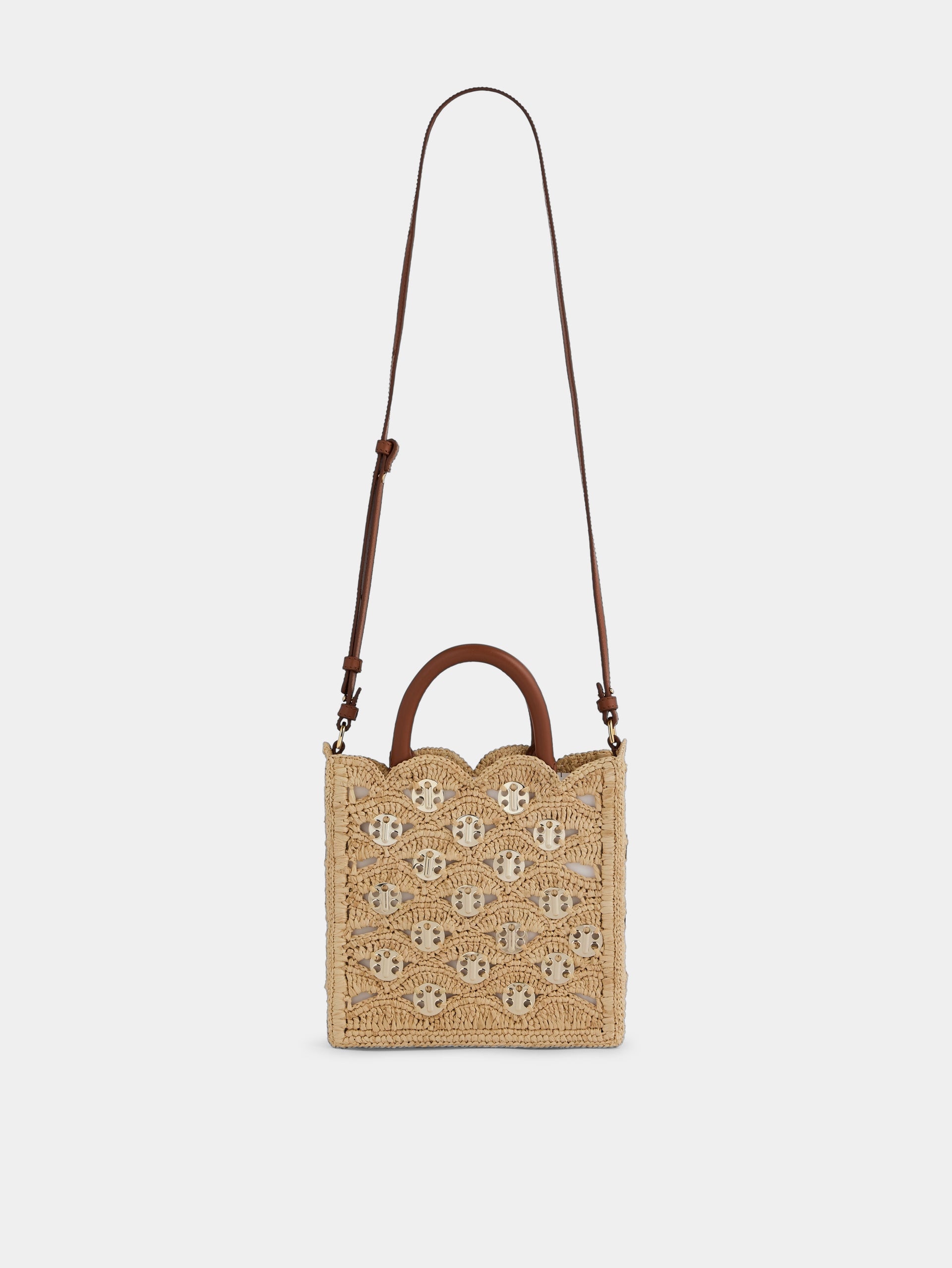 Petit sac tote en raphia naturel avec disques 1969 dorés signature 