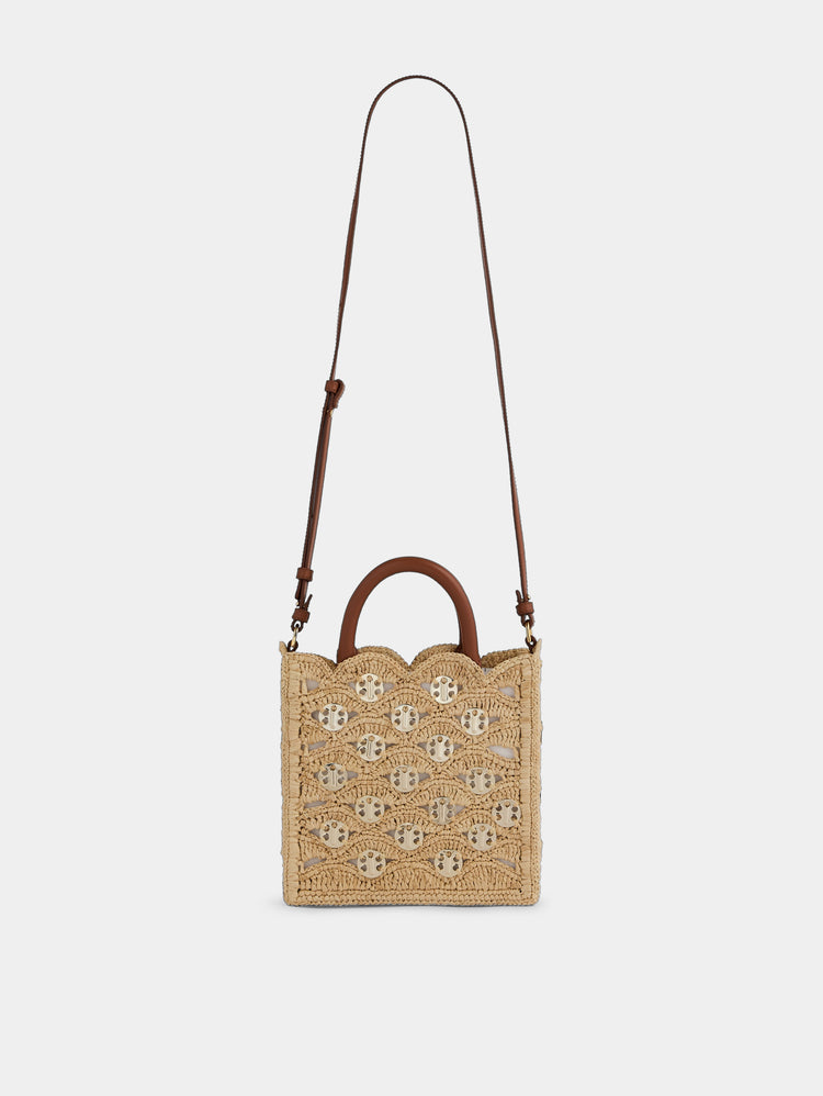 Small tote bag in natural raffia with gold signature 1969 discs