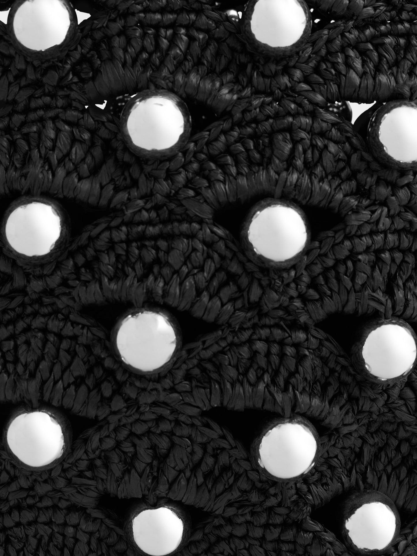 Small tote bag in black raffia with silver pearls details