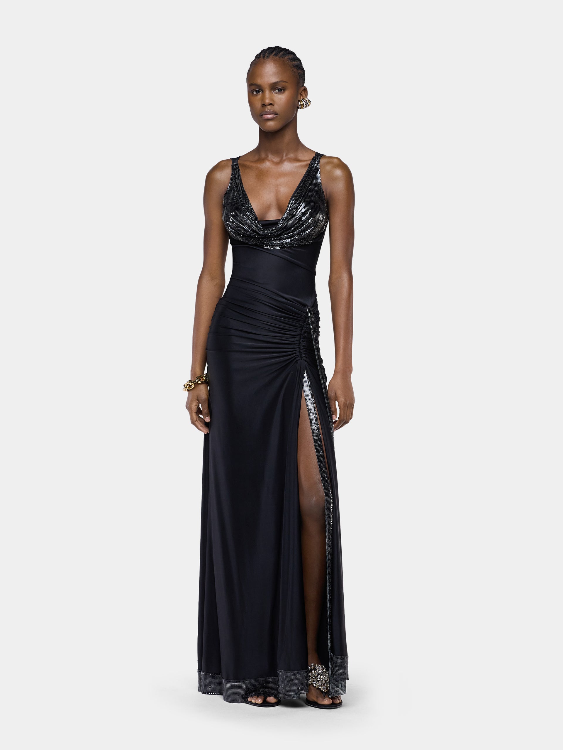 Long black mesh and jersey dress