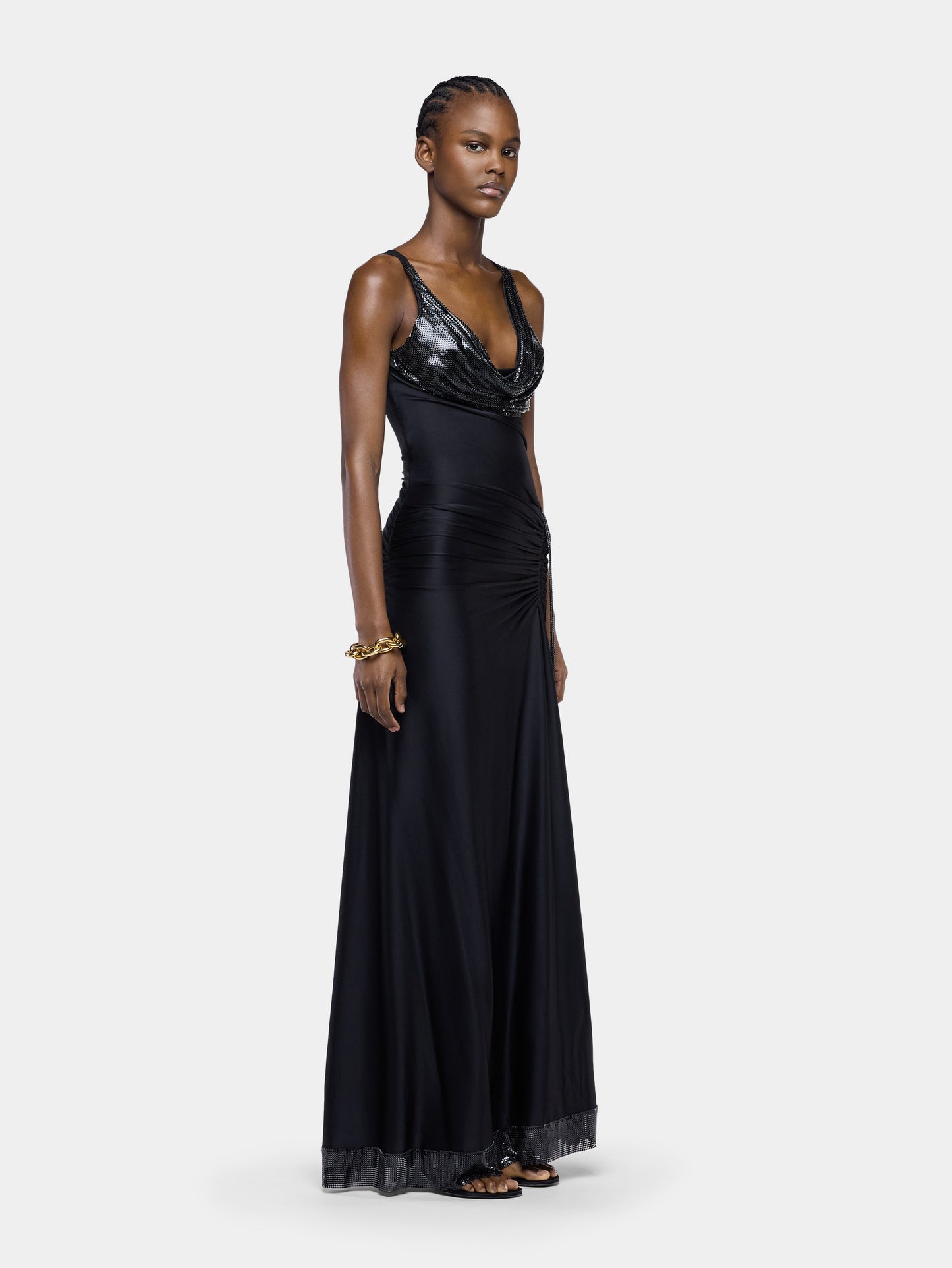 Long black mesh and jersey dress