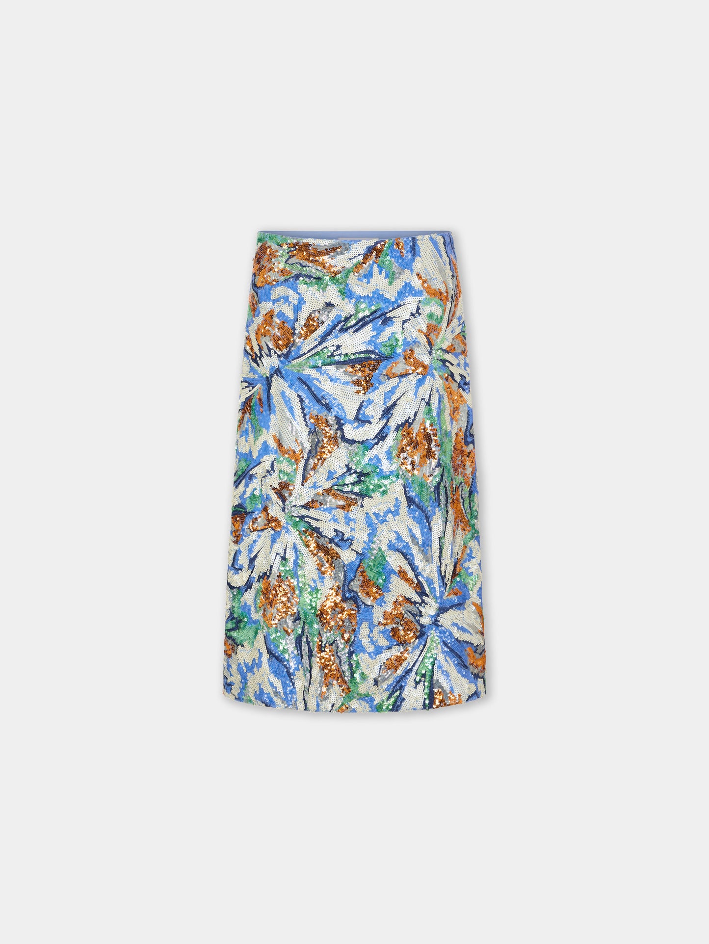Jupe midi avec broderie de sequins multicolores en forme de fleurs