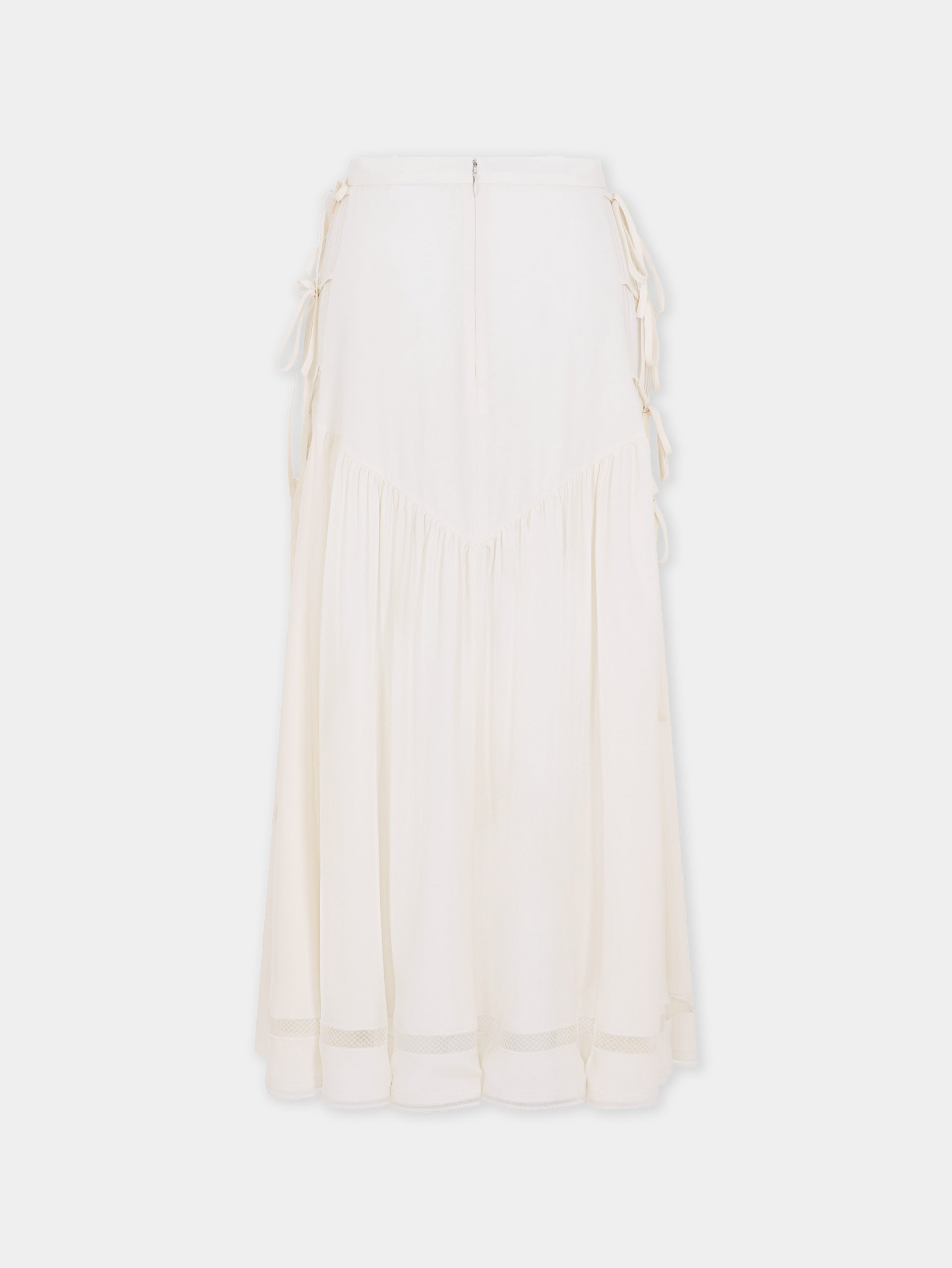 Midi Skirt in Off-White Viscose Crepe with Side Bow Details