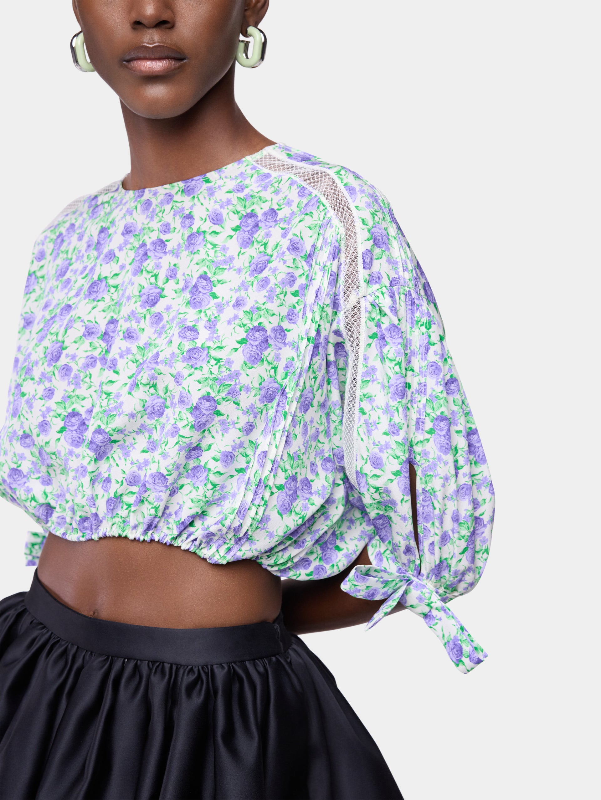 Crop Top in Blue Liberty-Printed Viscose Crepe with Puff Sleeves