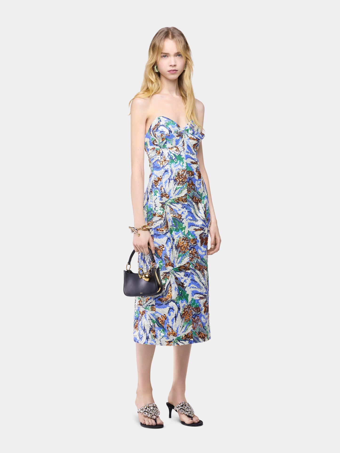 Midi Dress with Multicolor Floral-Shaped Sequin Embroidery