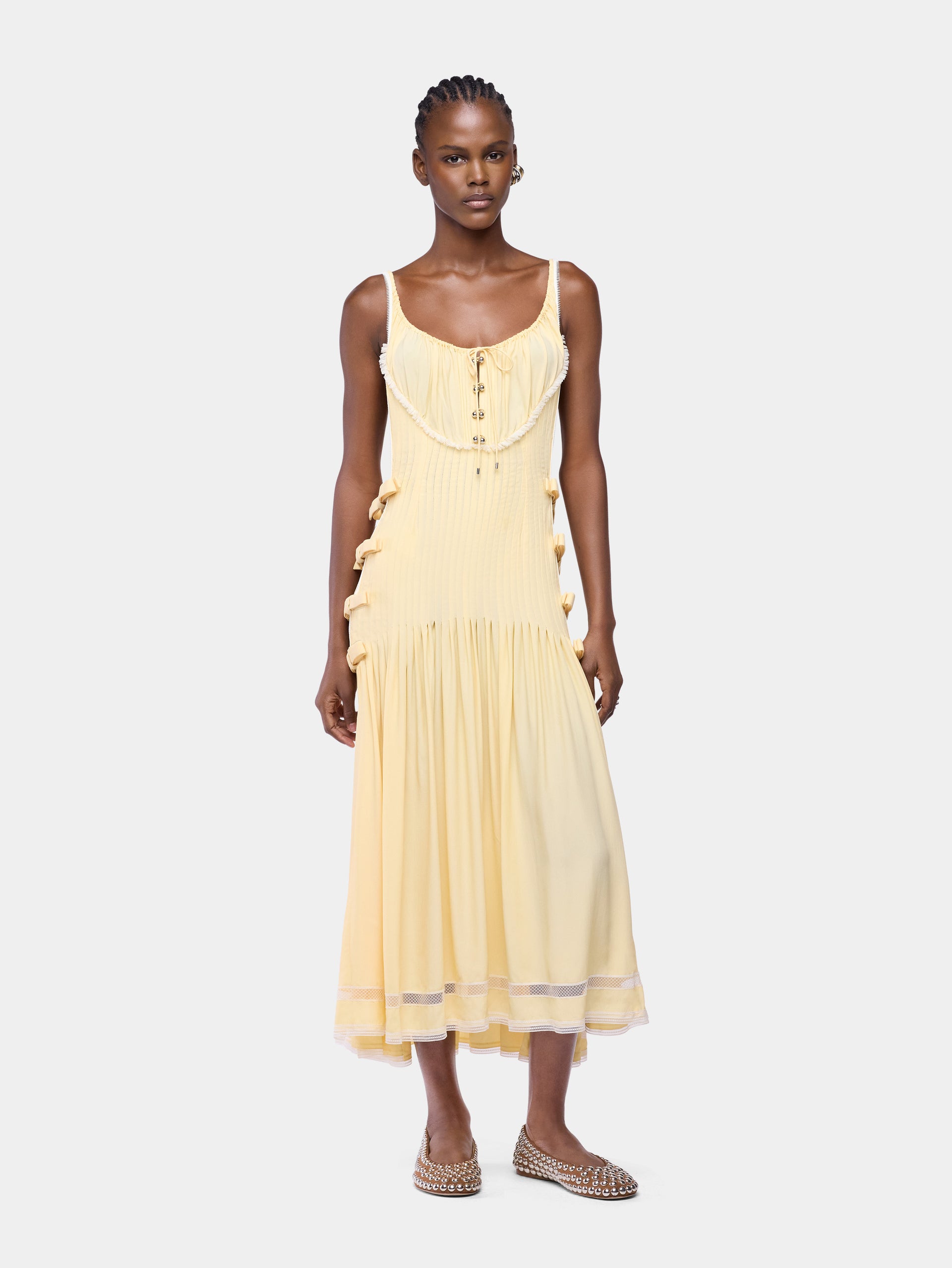 viscose midi dress Rabanne - Midi Dress In Yellow Viscose Crepe With Lace And Bow Details - T36 - Women