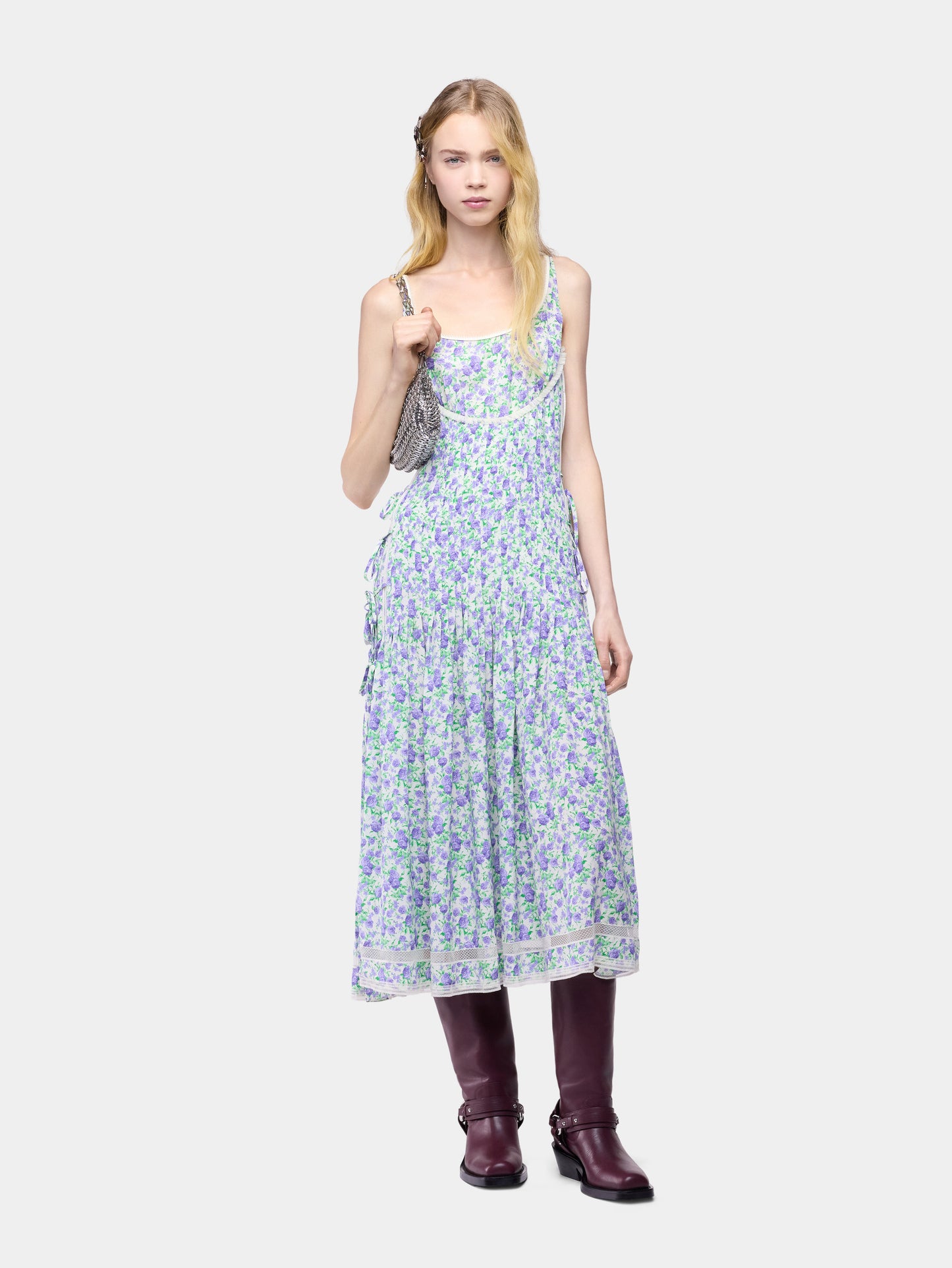 Midi Dress in Blue Liberty-Printed Viscose Crepe with Lace and Bow Details