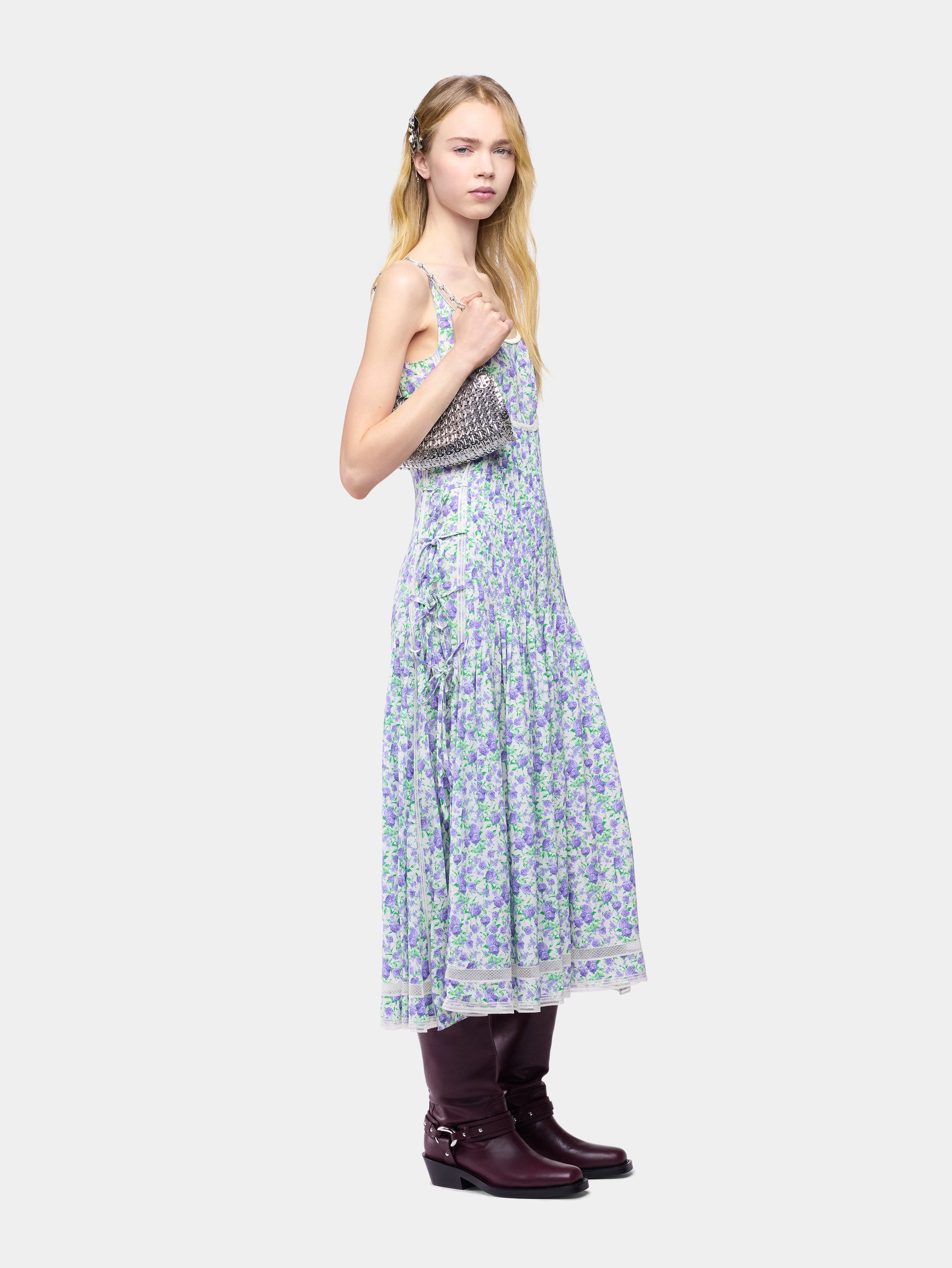 Midi Dress in Blue Liberty-Printed Viscose Crepe with Lace and Bow Details