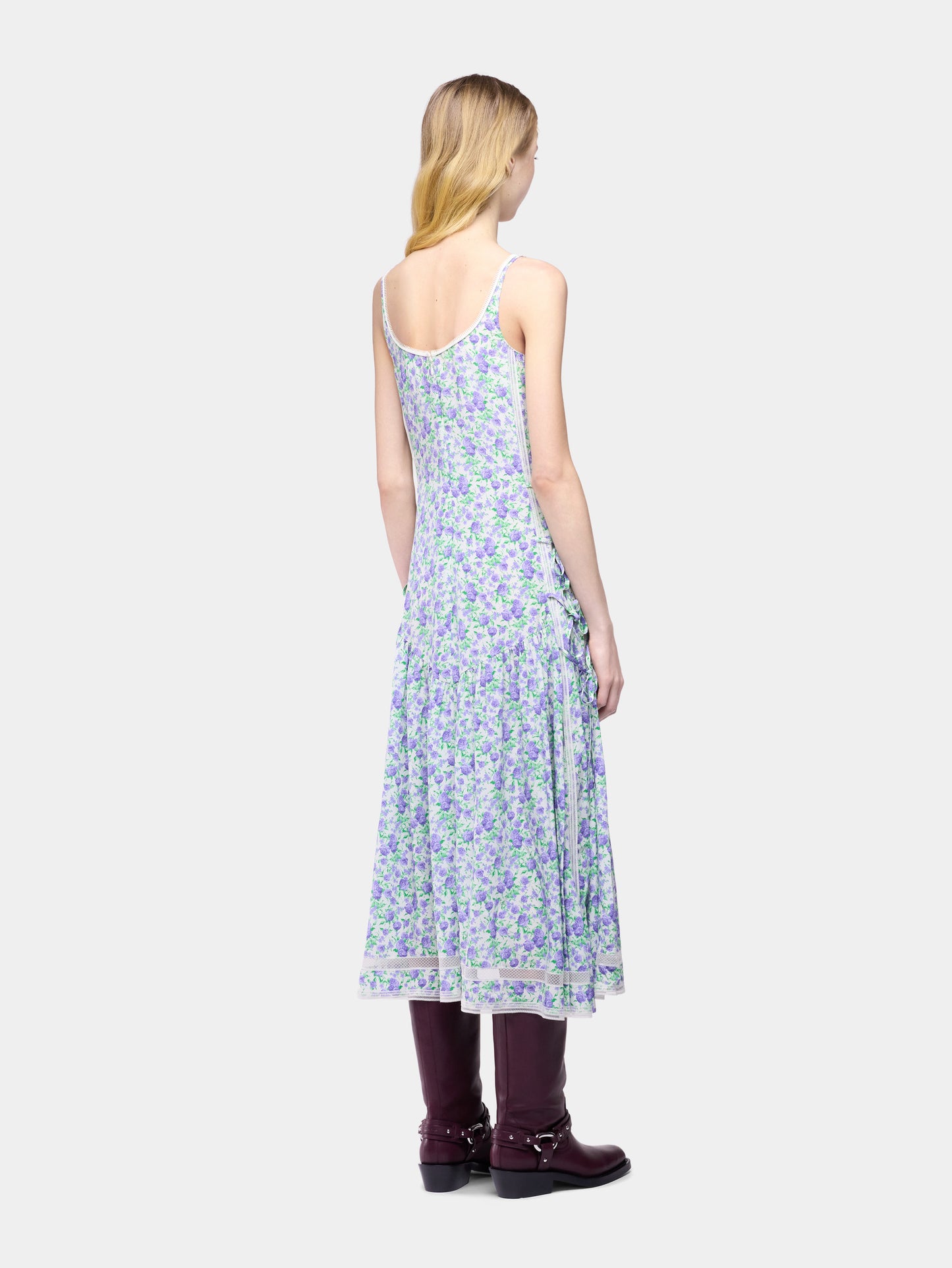 Midi Dress in Blue Liberty-Printed Viscose Crepe with Lace and Bow Details