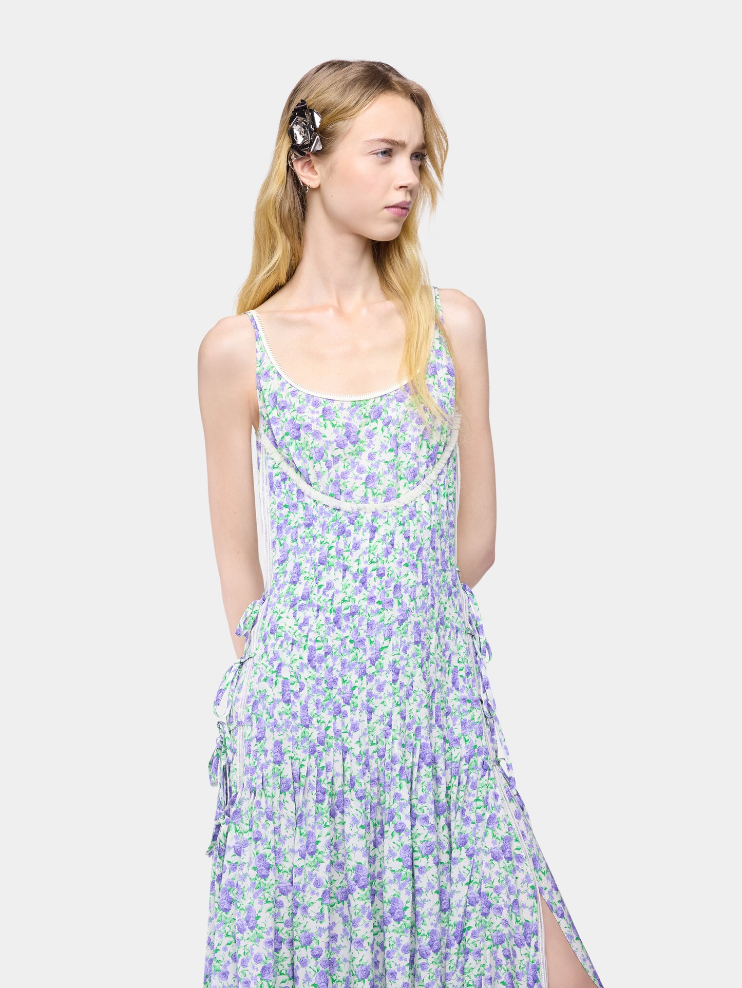 Midi Dress in Blue Liberty-Printed Viscose Crepe with Lace and Bow Details