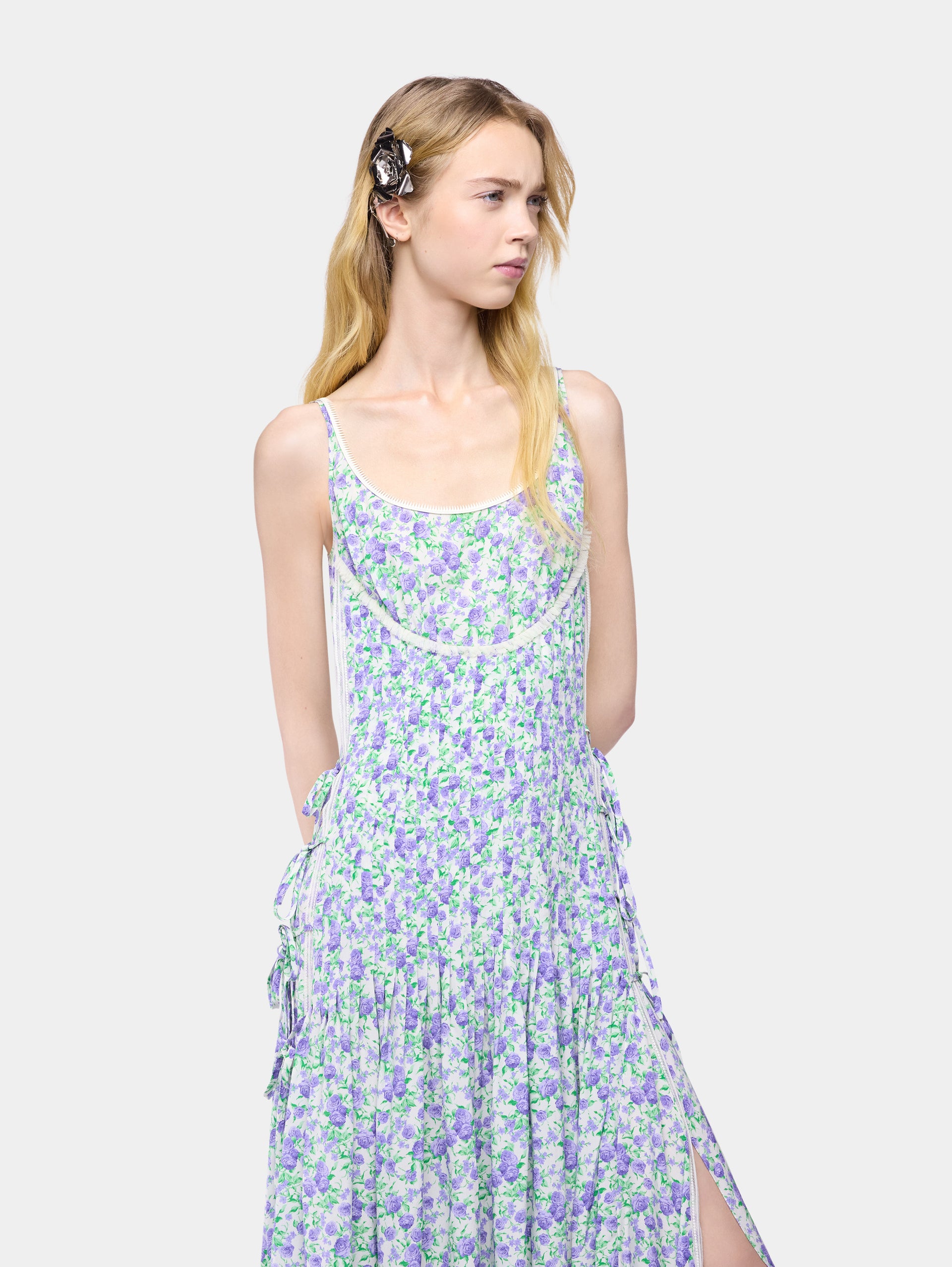 Midi Dress in Blue Liberty-Printed Viscose Crepe with Lace and Bow Details