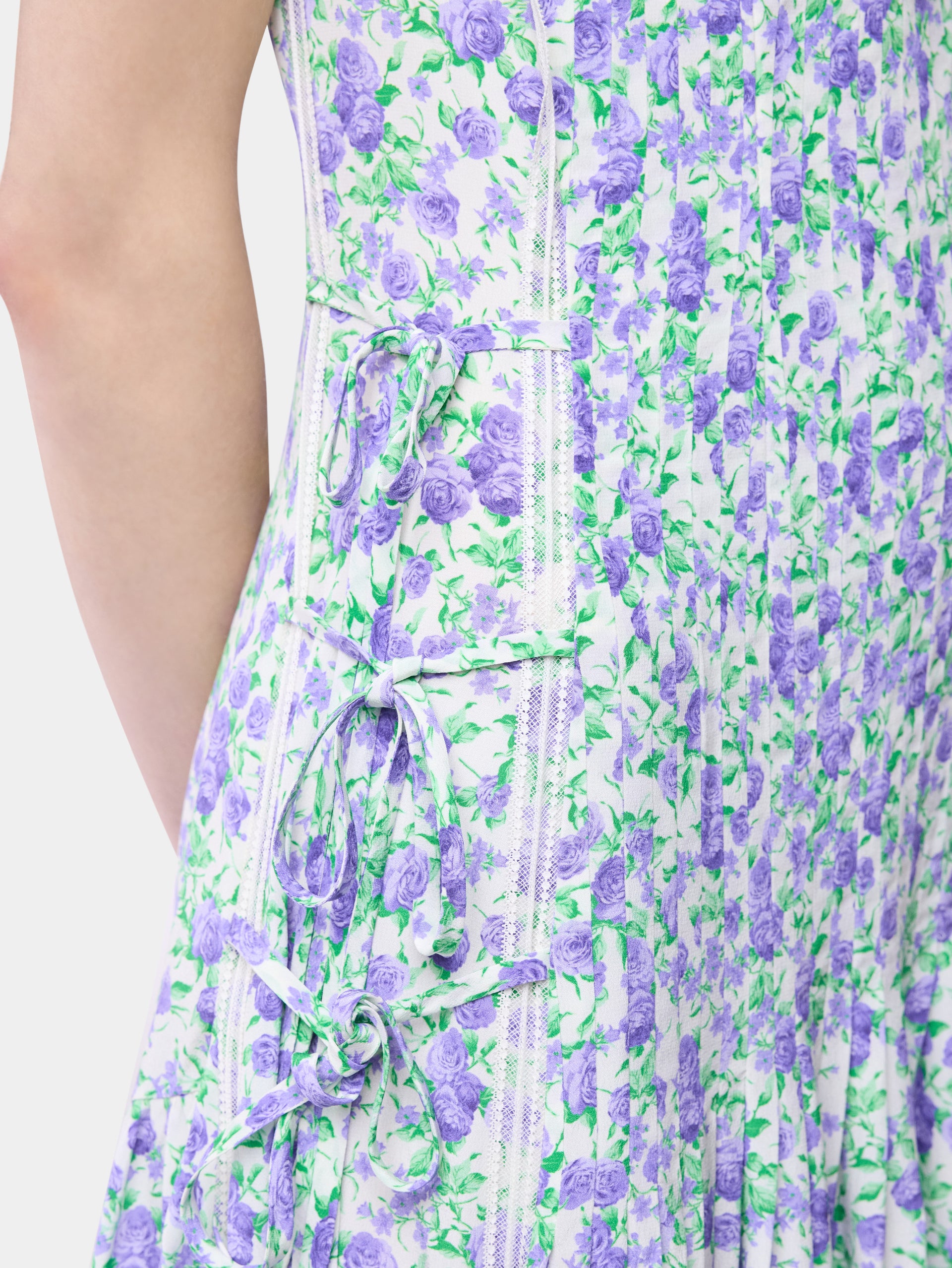 Midi Dress in Blue Liberty-Printed Viscose Crepe with Lace and Bow Details