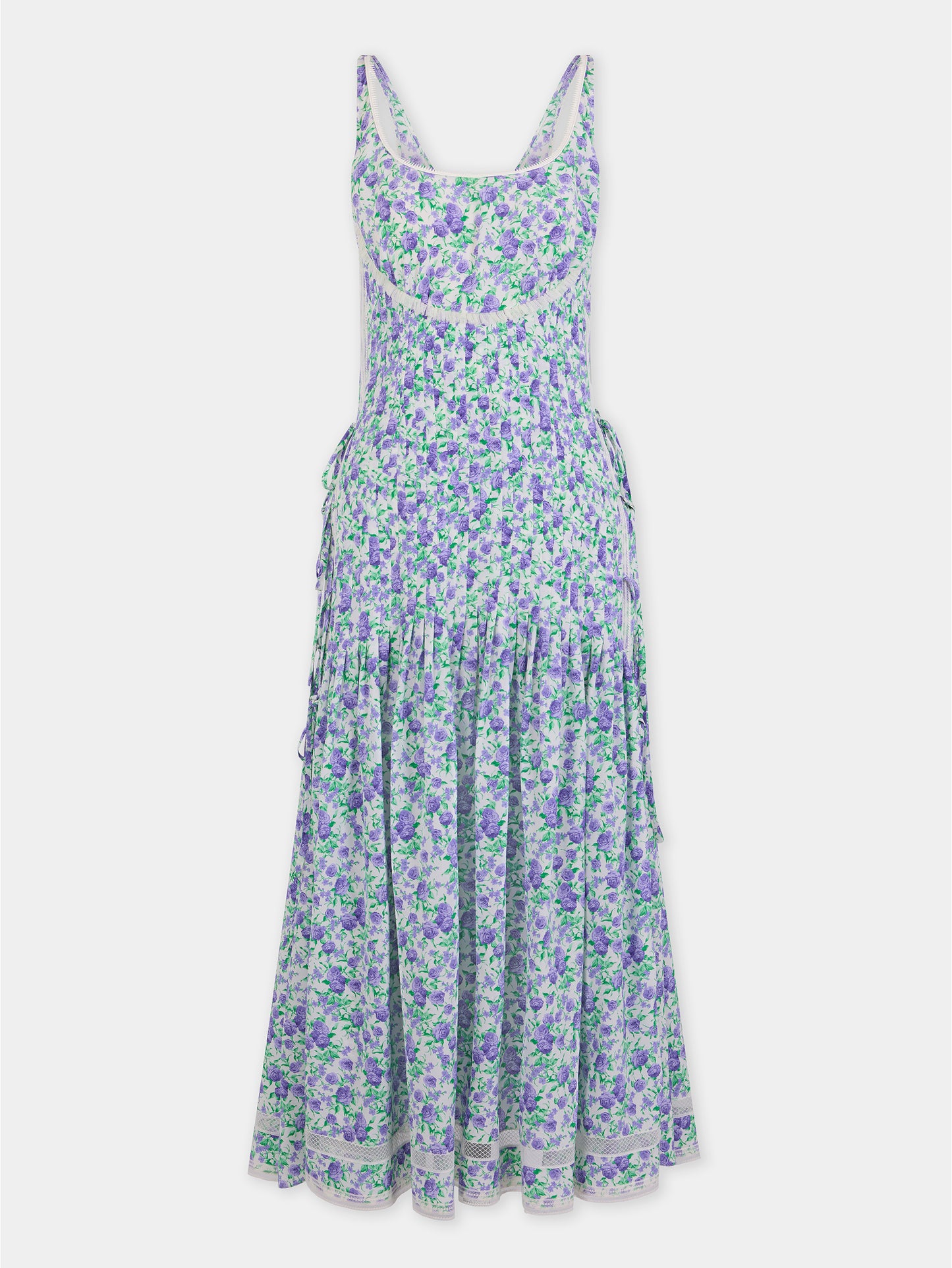 Midi Dress in Blue Liberty-Printed Viscose Crepe with Lace and Bow Details